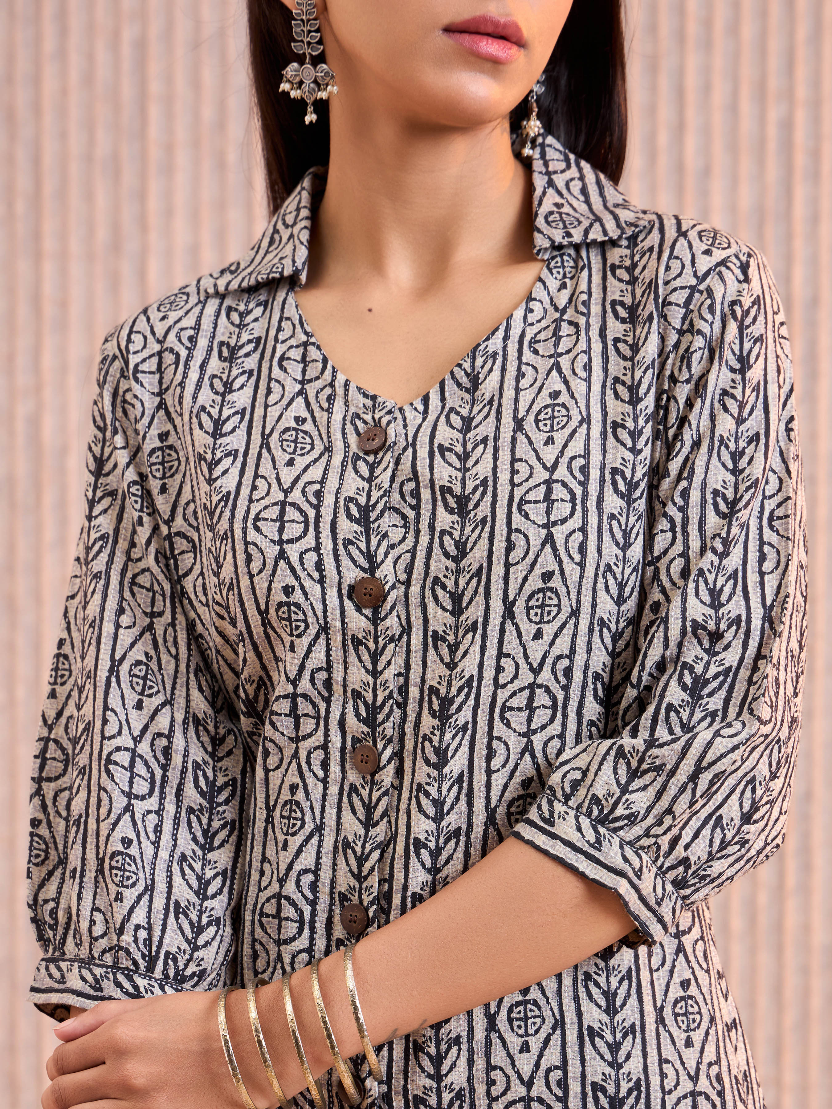 Light Grey Cotton Printed Flared Kurti - Image 2