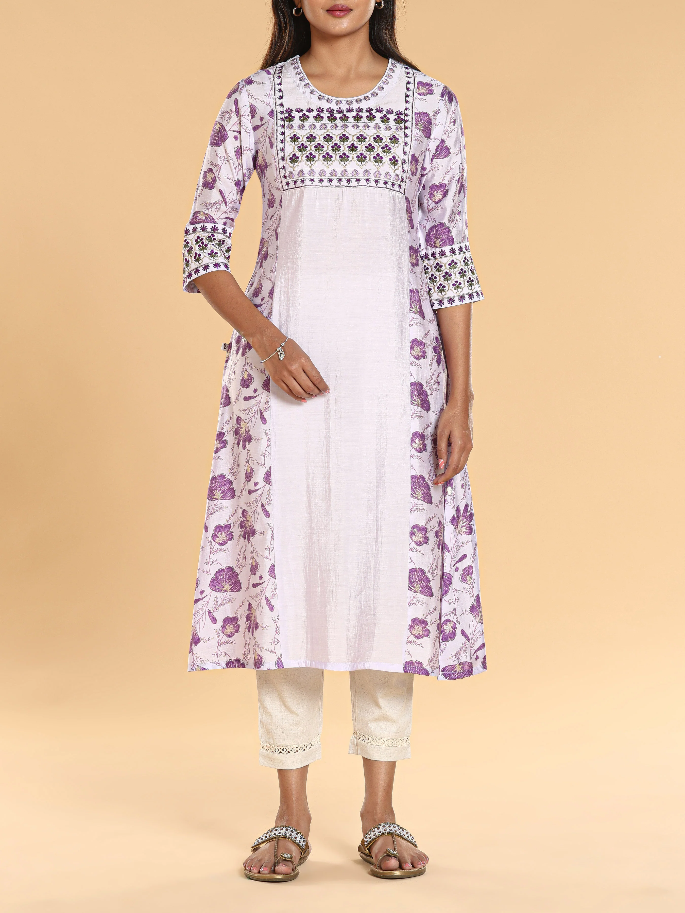 Lilac Blue Modal Chanderi Printed Kurti With Embroidery