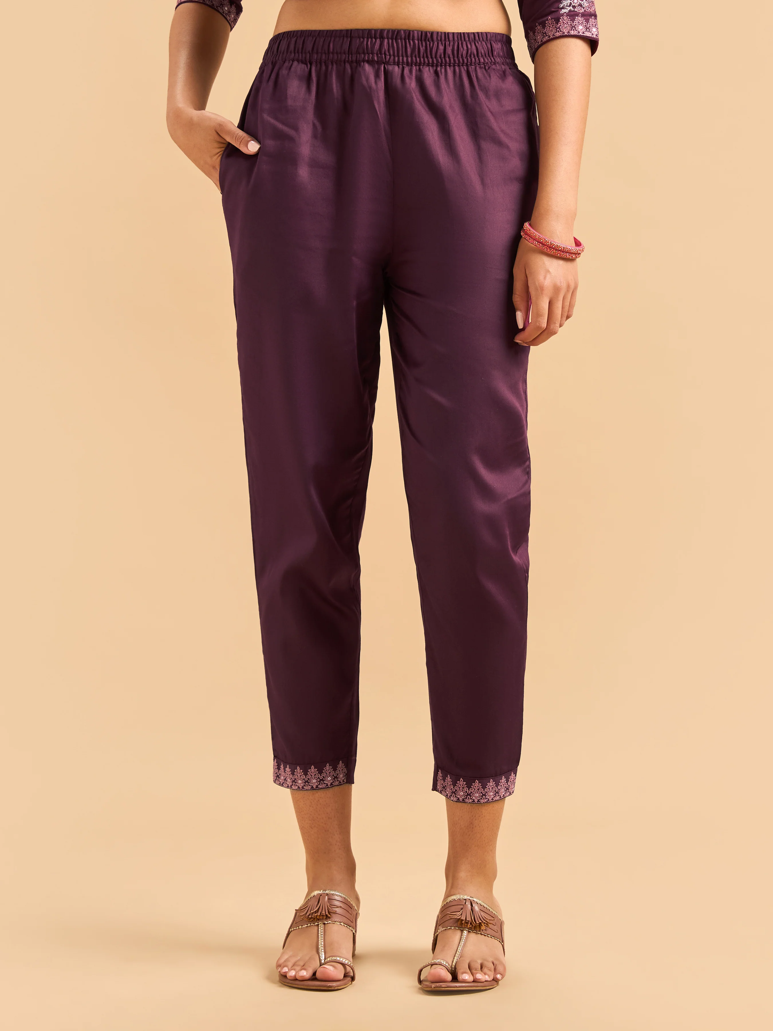 Magenta Modal Satin Kurti Set & Dupatta With Sequins Embroidery - Image 7