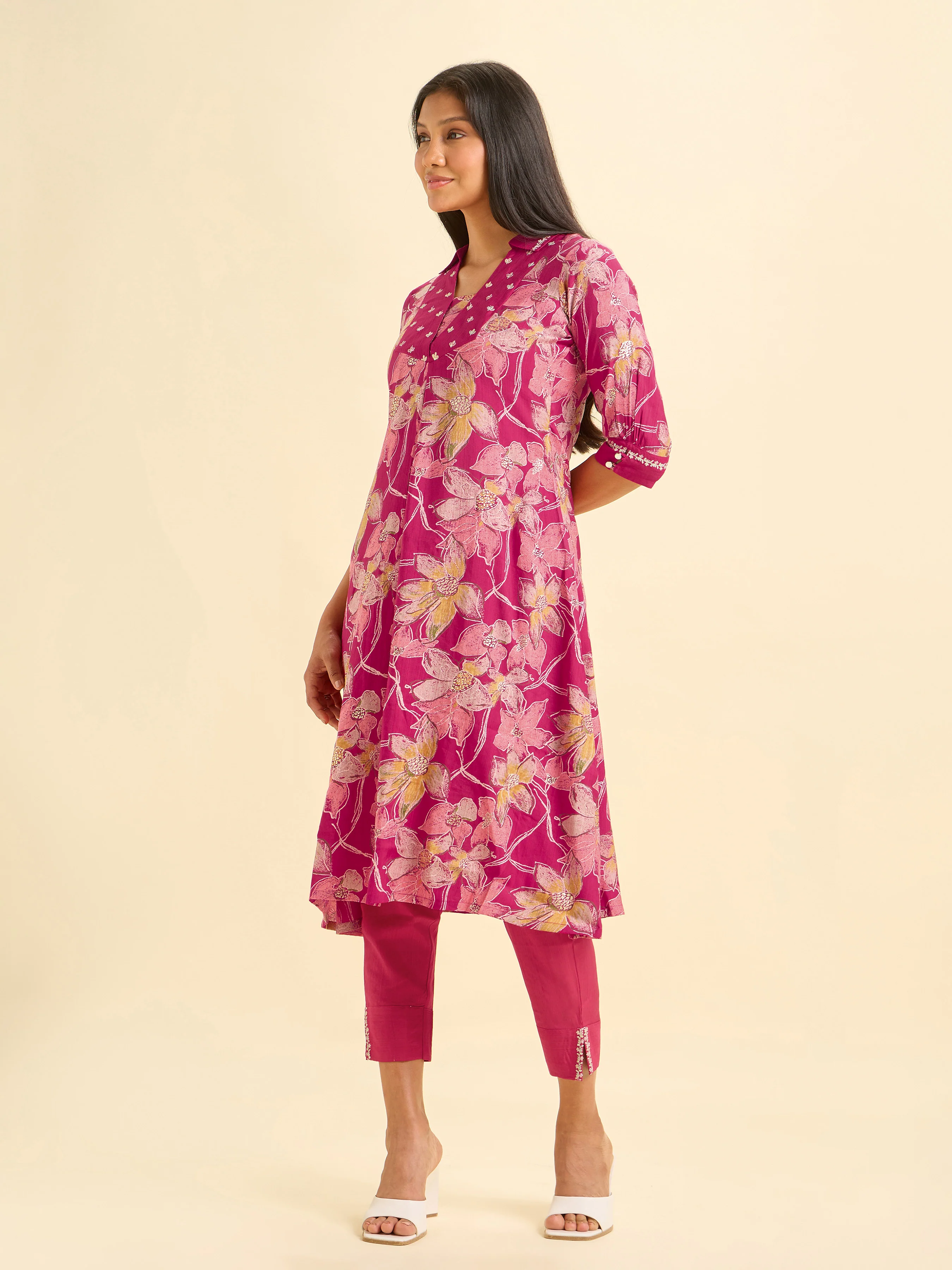 Magenta Viscose Blend Foil Printed Flared Kurta Set With Sequins Embroidery - Image 4