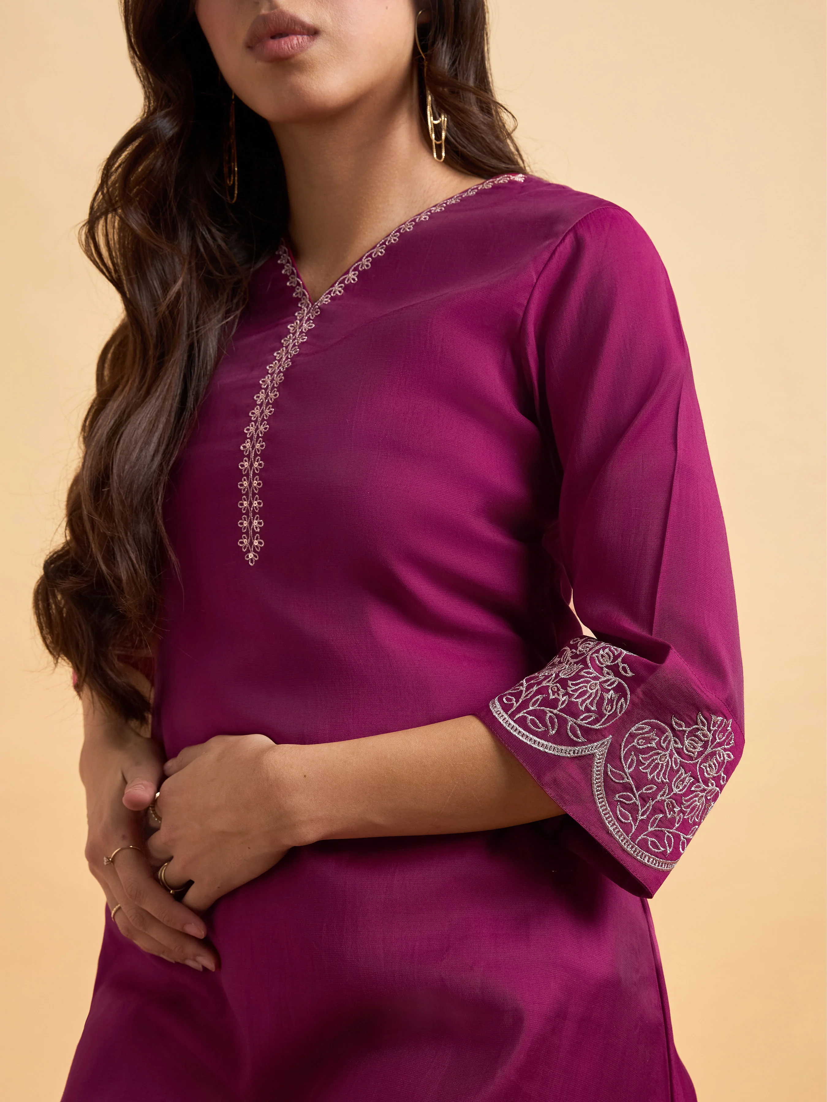 Magenta Viscose Blend Kurti Set With Dupatta And Sequence Embroidery - Image 2