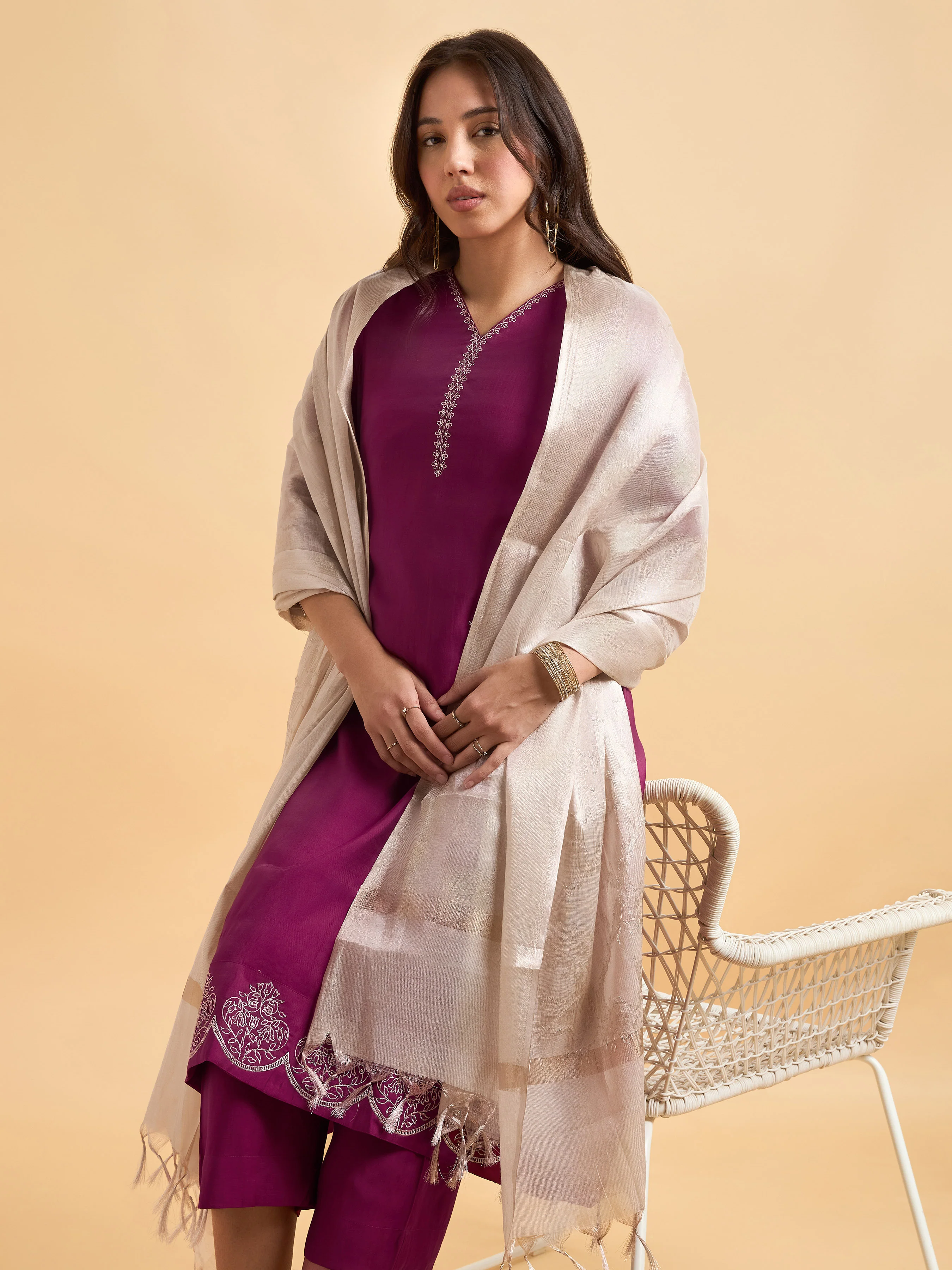 Magenta Viscose Blend Kurti Set With Dupatta And Sequence Embroidery - Image 6