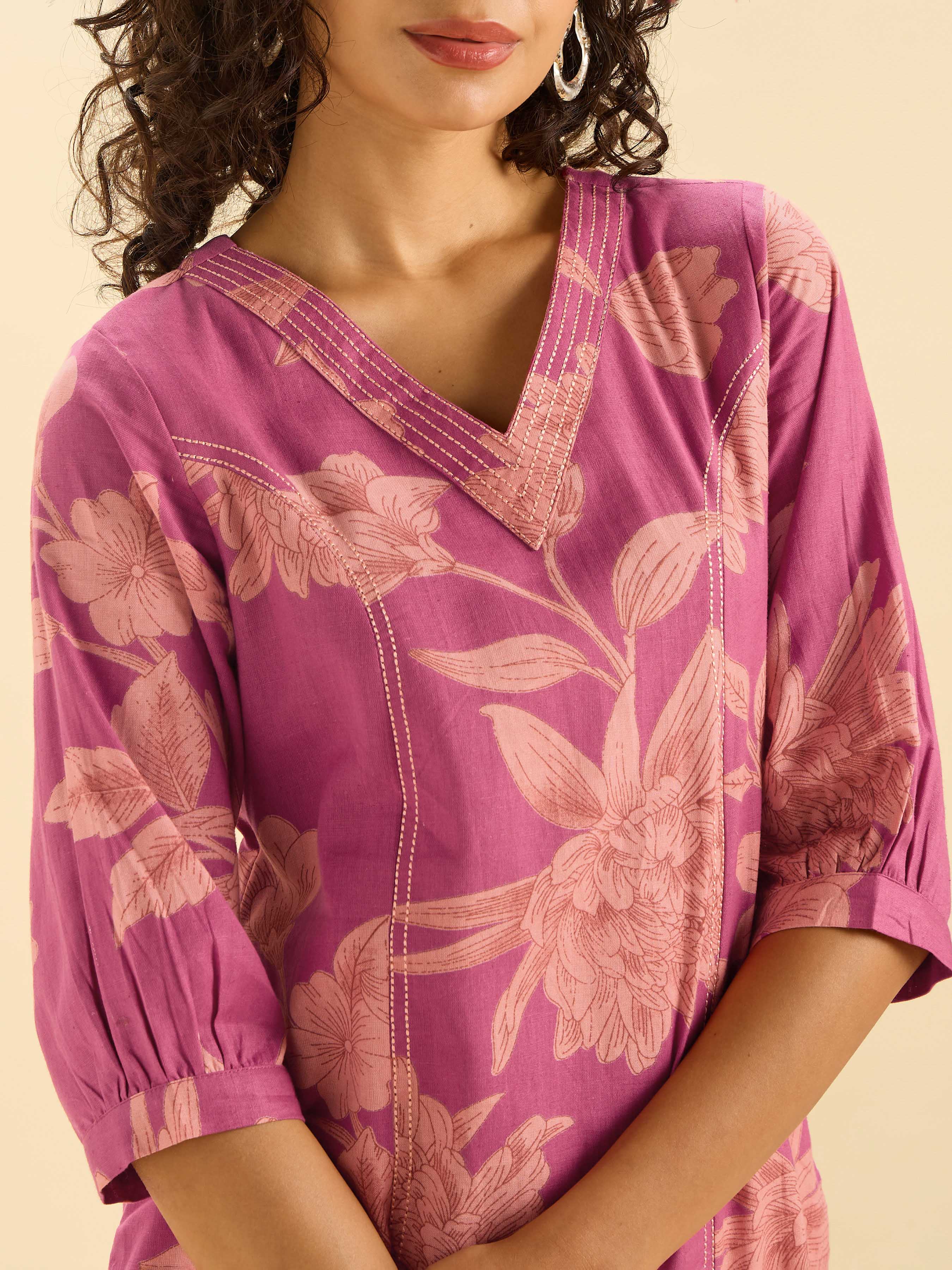 Majenta Beige Cotton Fax Print Slitted Kurti With Princess Cut And Embroidery - Image 2