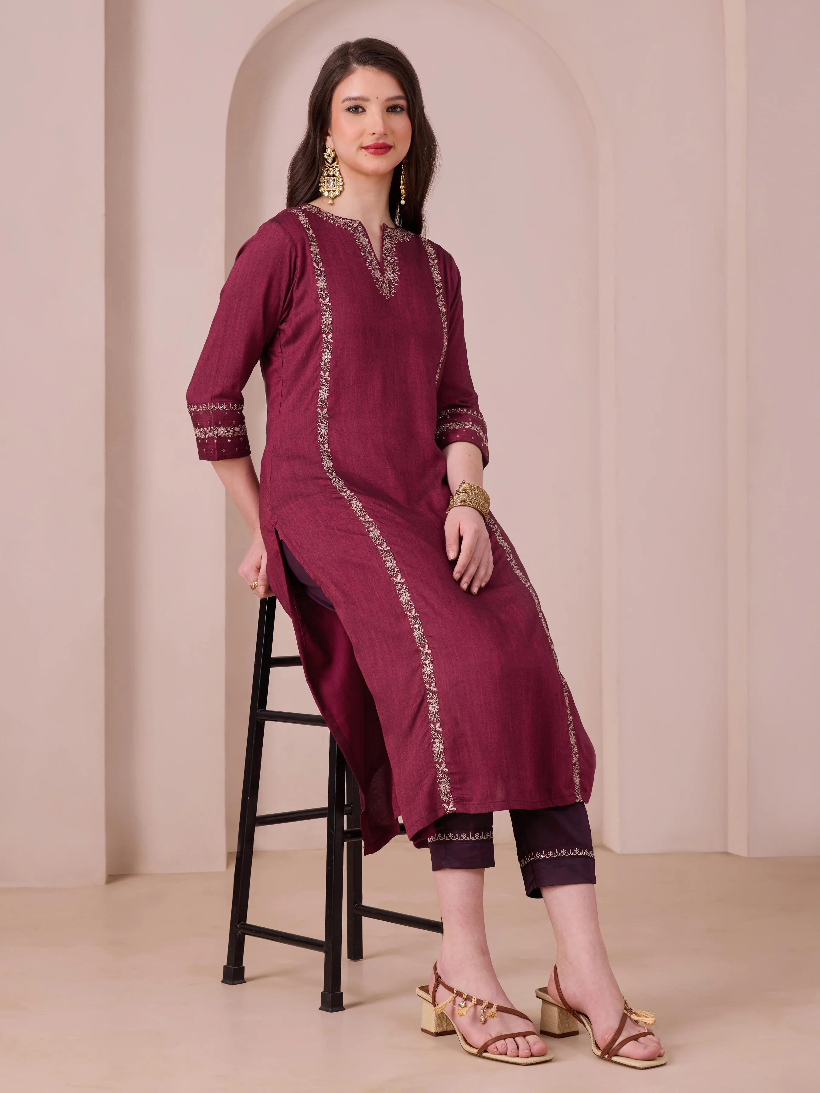 Majenta Viscose Kurti & Bottom With Embroidery - Image 3