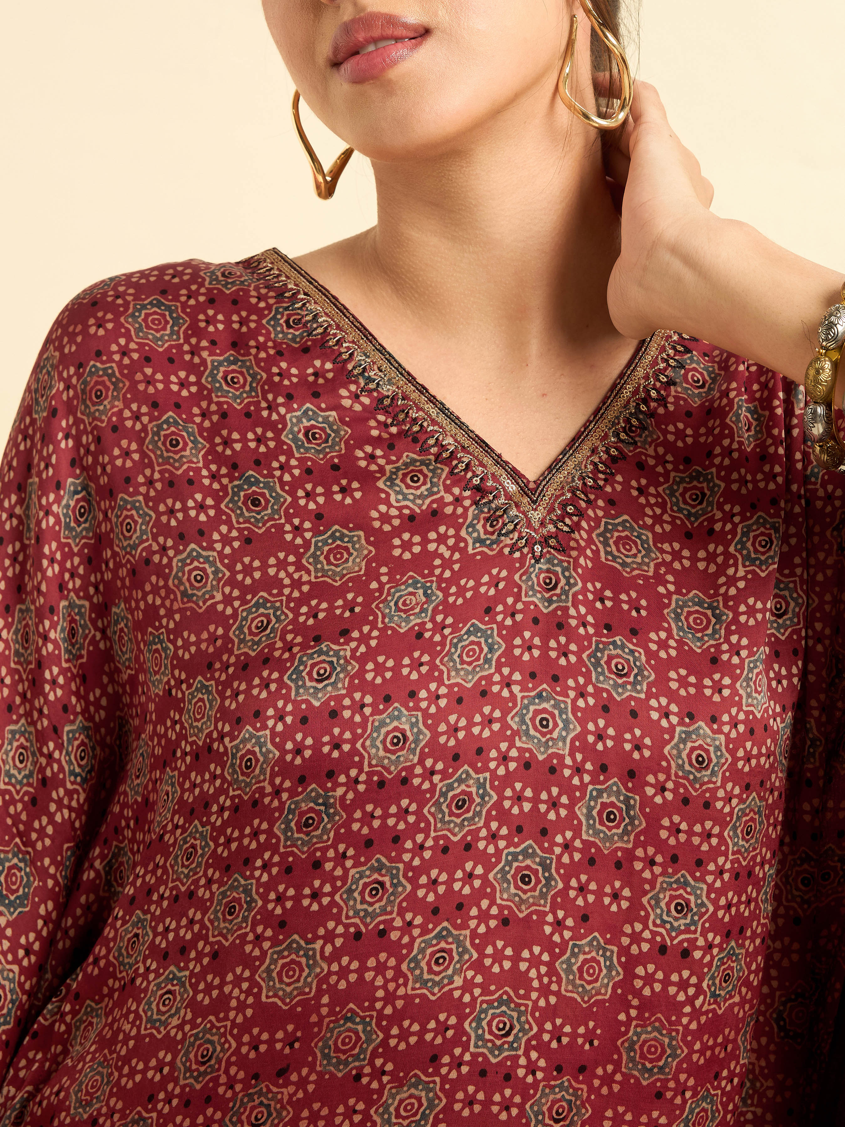 Maroon Multi Colour Modal Satin Kaftan With Embroidery Sequins Work - Image 3