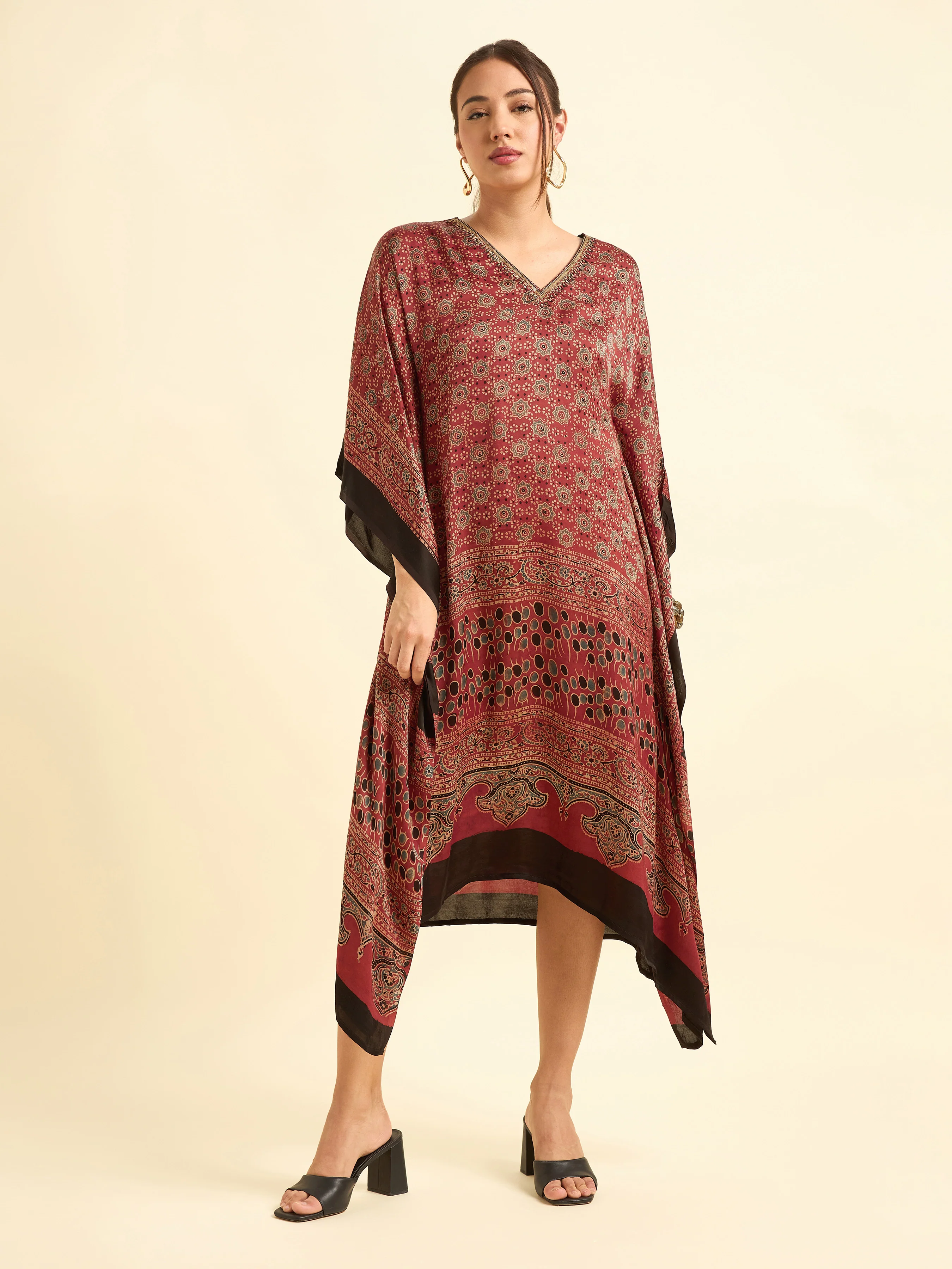 Maroon Multi Colour Modal Satin Kaftan With Embroidery Sequins Work - Image 4
