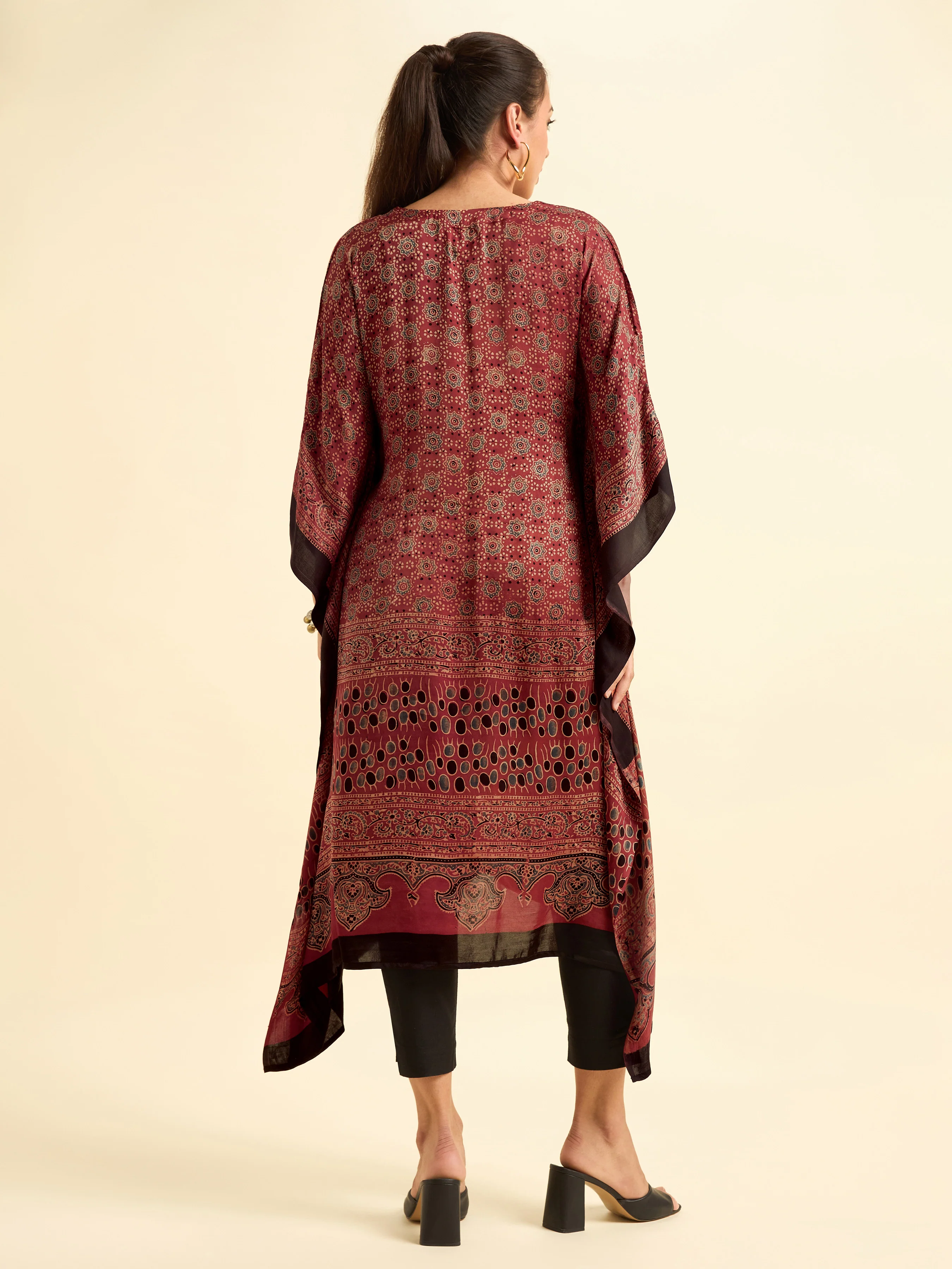 Maroon Multi Colour Modal Satin Kaftan With Embroidery Sequins Work - Image 6