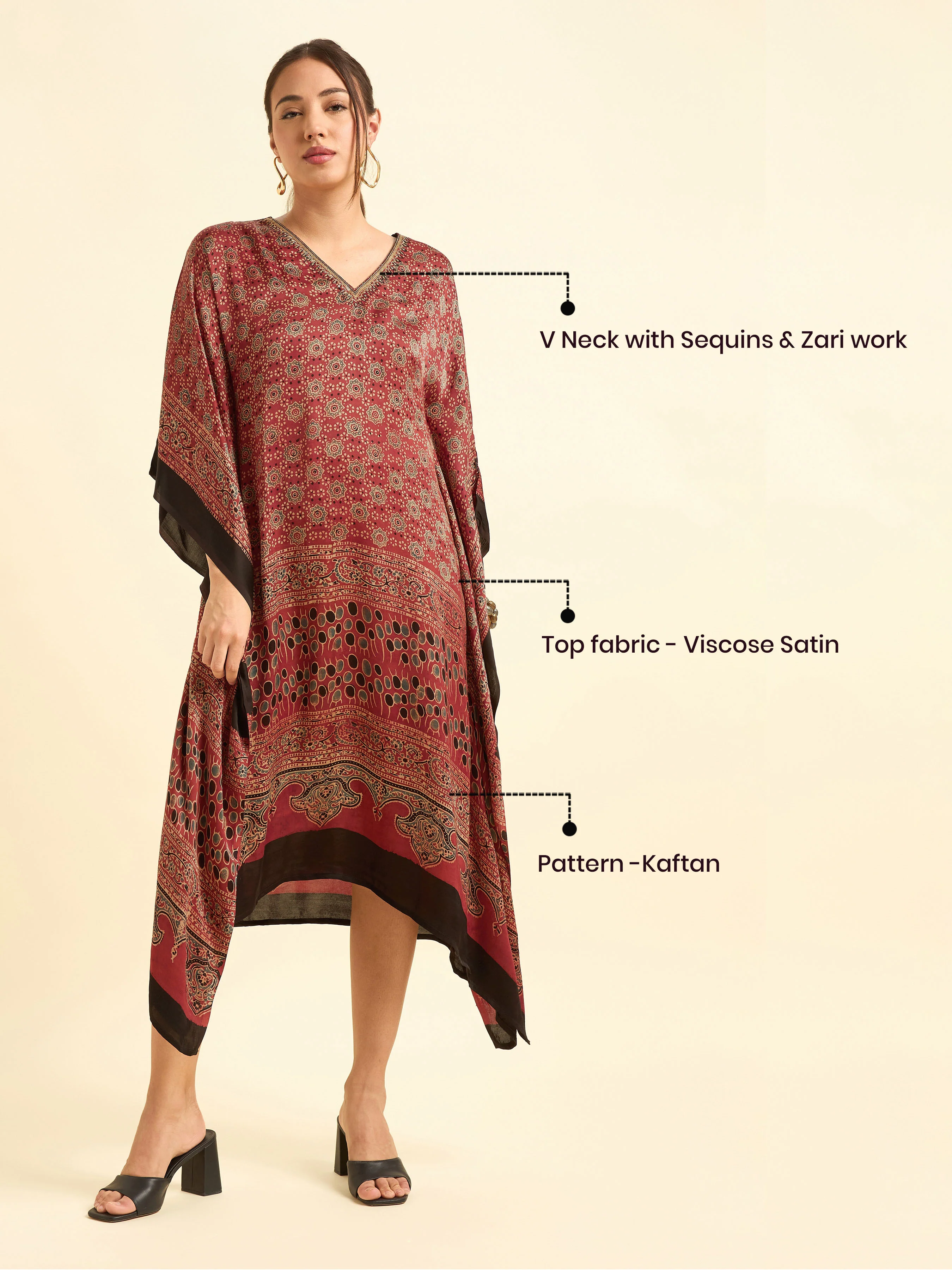 Maroon Multi Colour Modal Satin Kaftan With Embroidery Sequins Work - Image 8