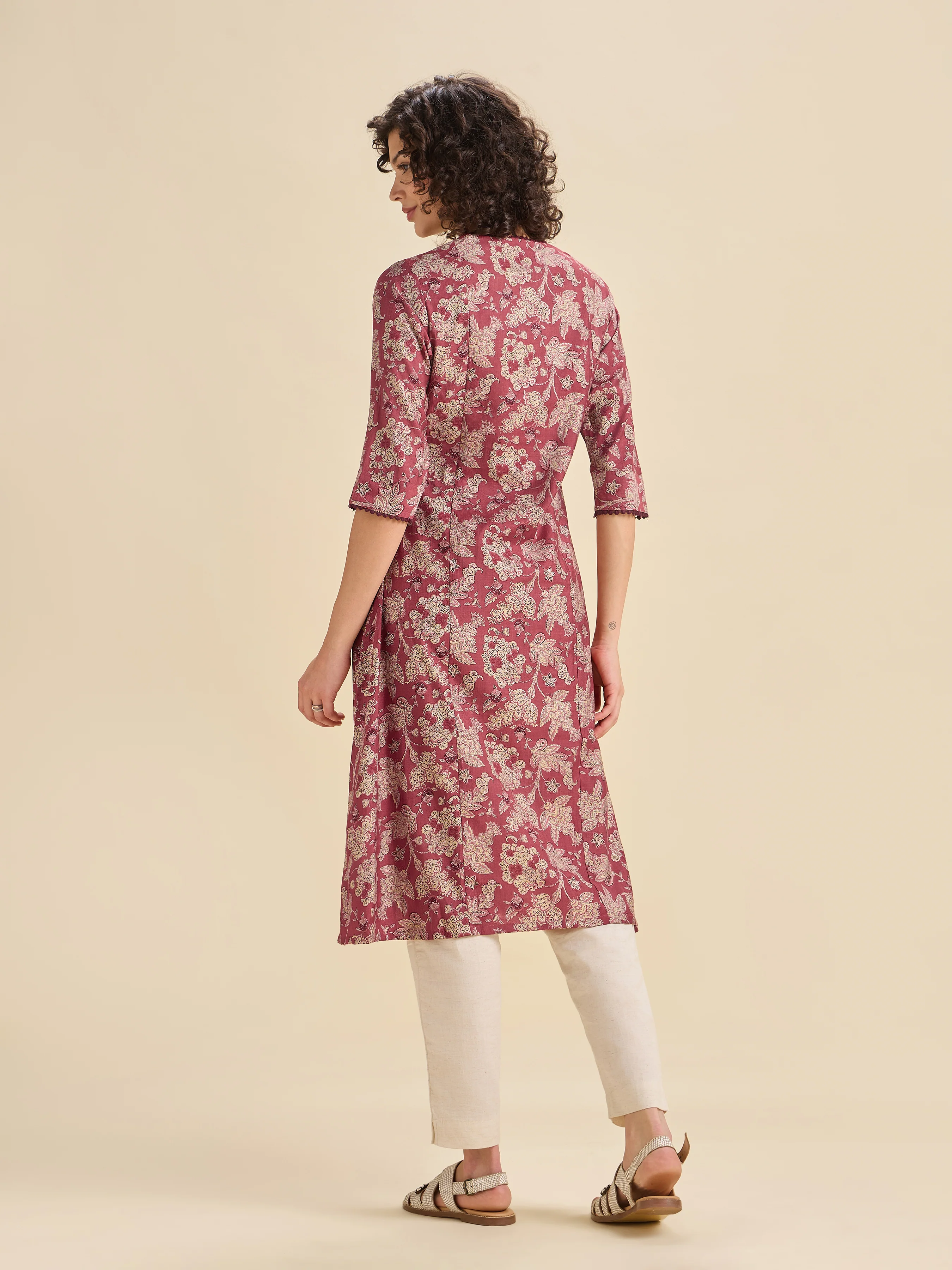 Maroon Multi Viscose Blend Printed Flared Kurti With Lace - Image 5