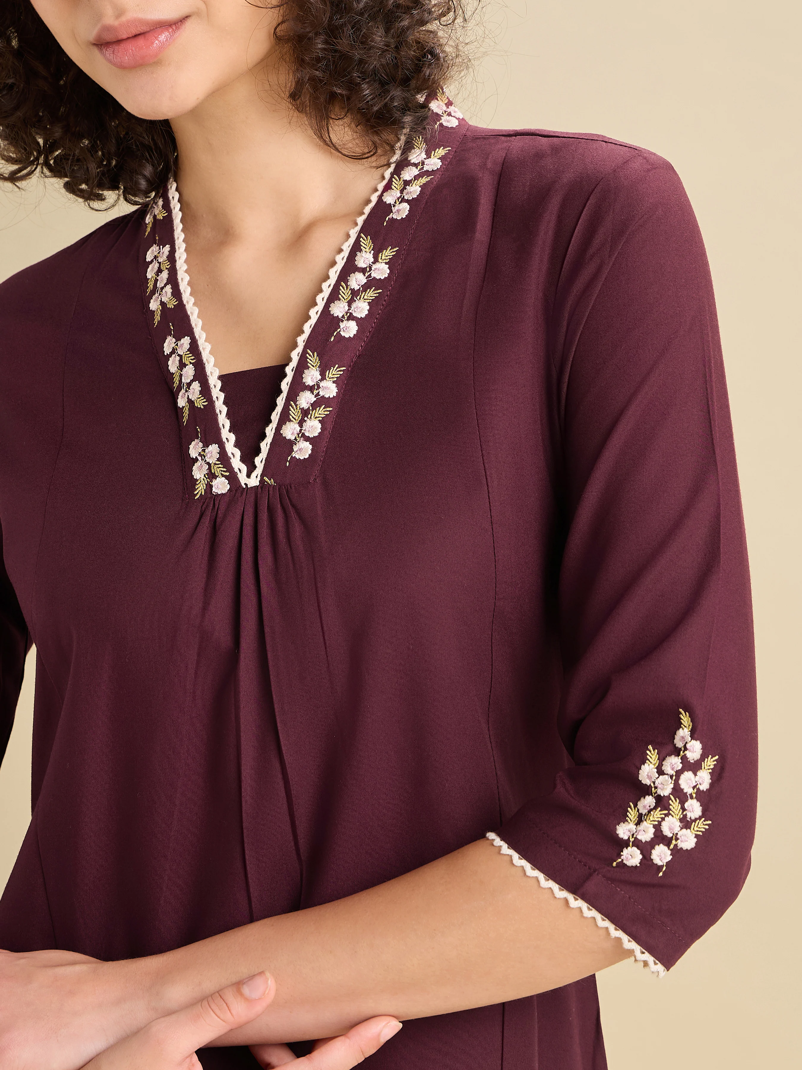 Maroon Viscose Plain Flared Center Panel Kurti With Embroidery - Image 2