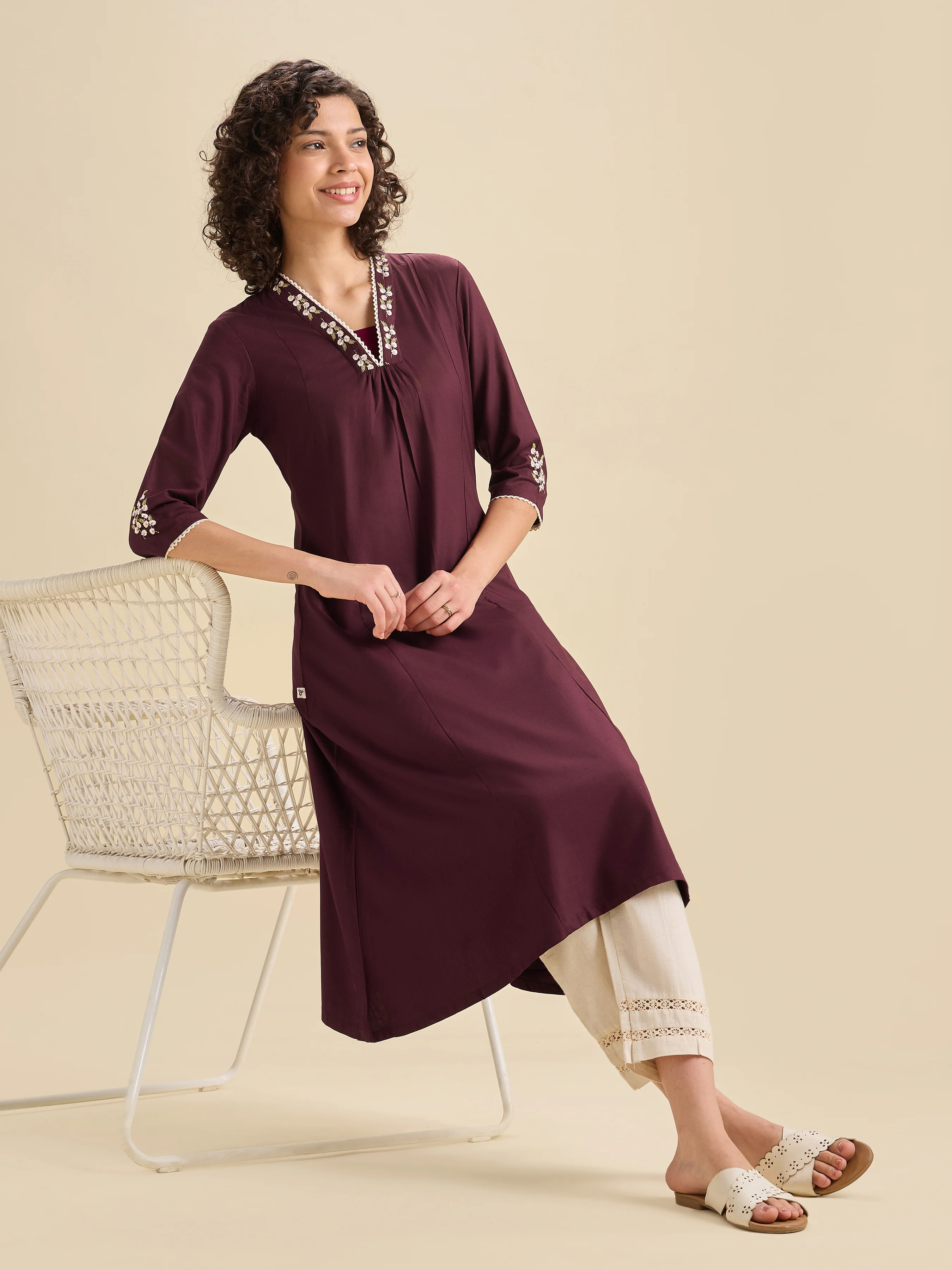 Maroon Viscose Plain Flared Center Panel Kurti With Embroidery - Image 4