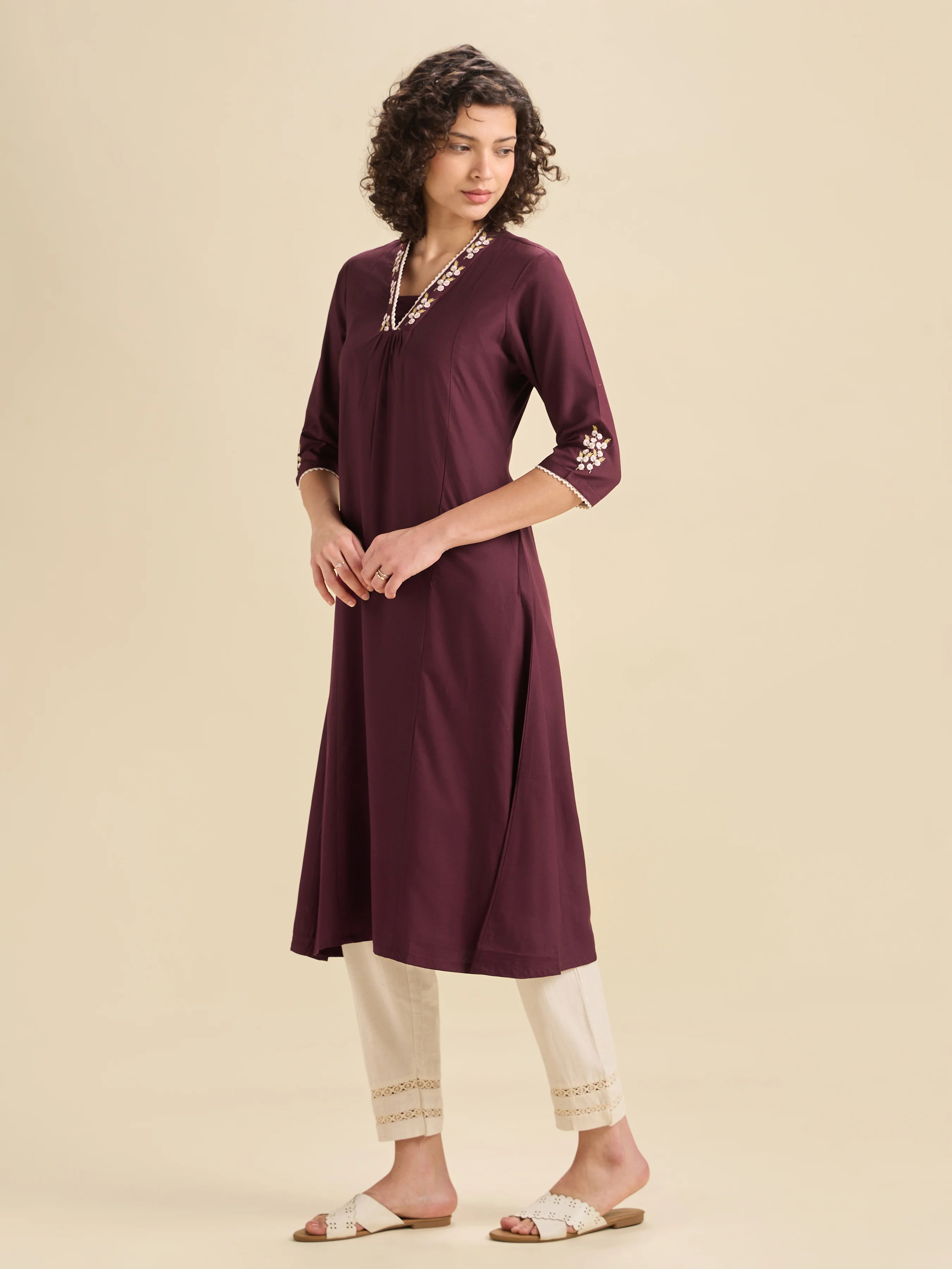 Maroon Viscose Plain Flared Center Panel Kurti With Embroidery - Image 5