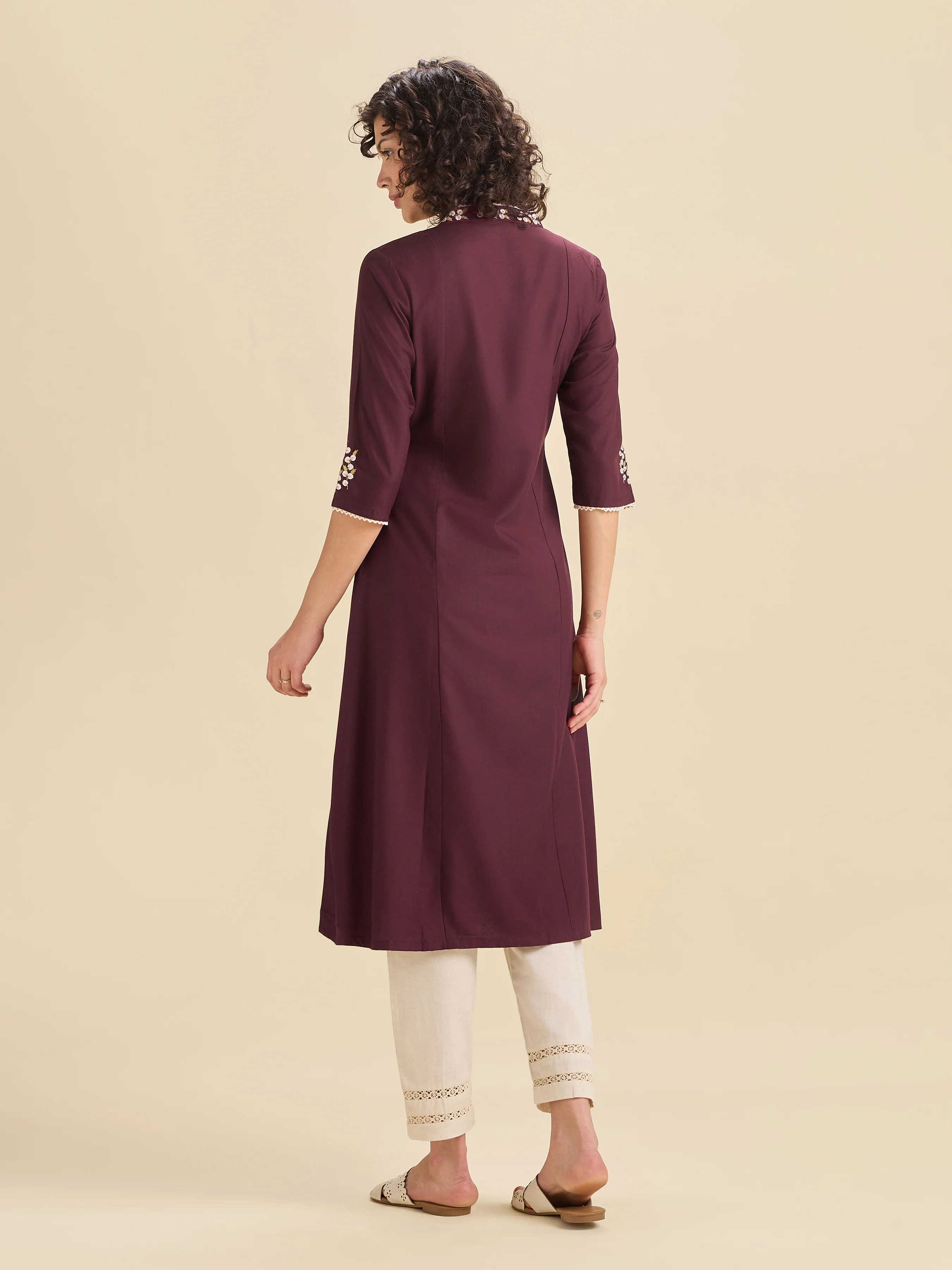 Maroon Viscose Plain Flared Center Panel Kurti With Embroidery - Image 6