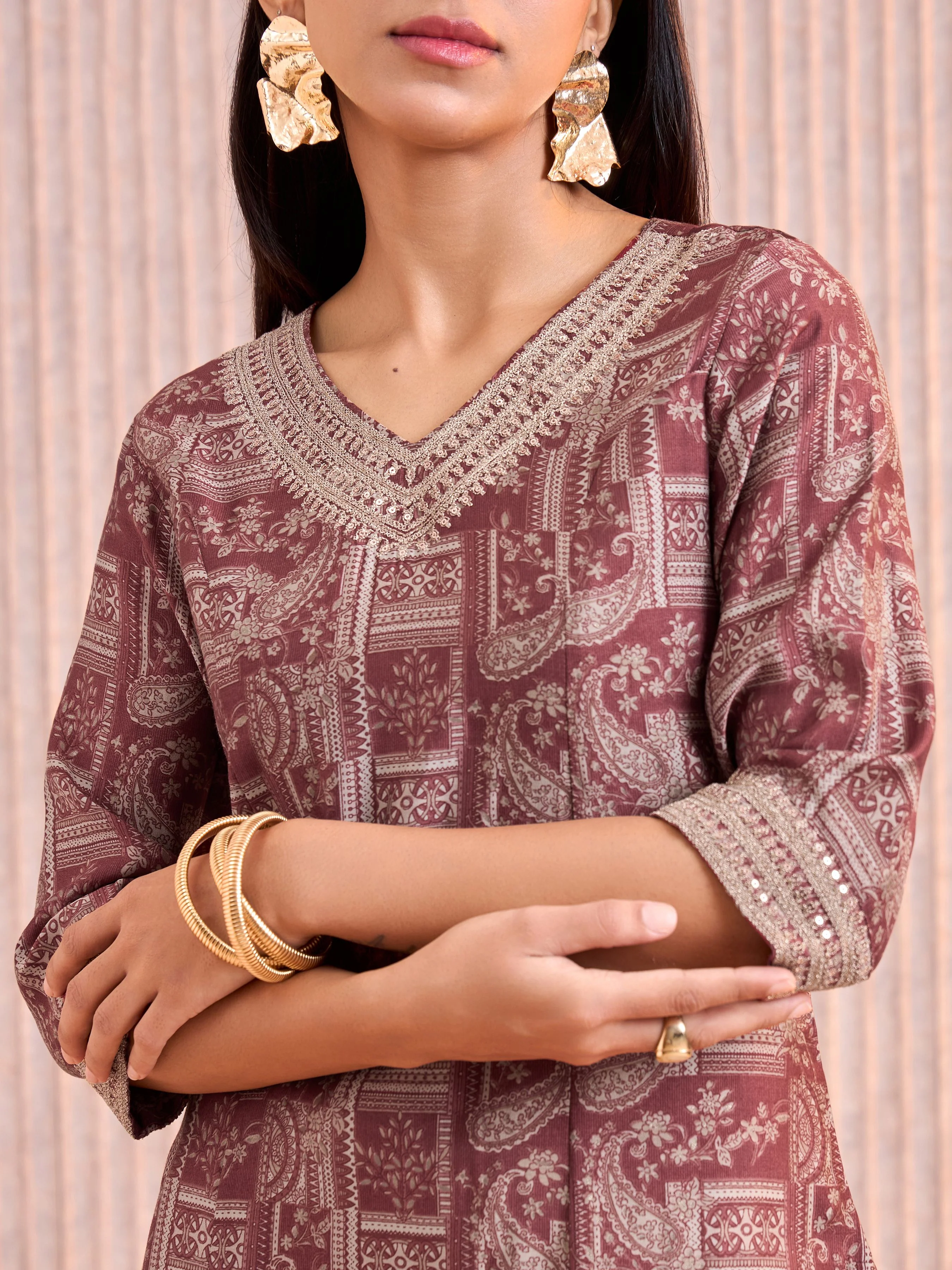 Meroon Modal Chanderi Kurti With Sequins Work - Image 2