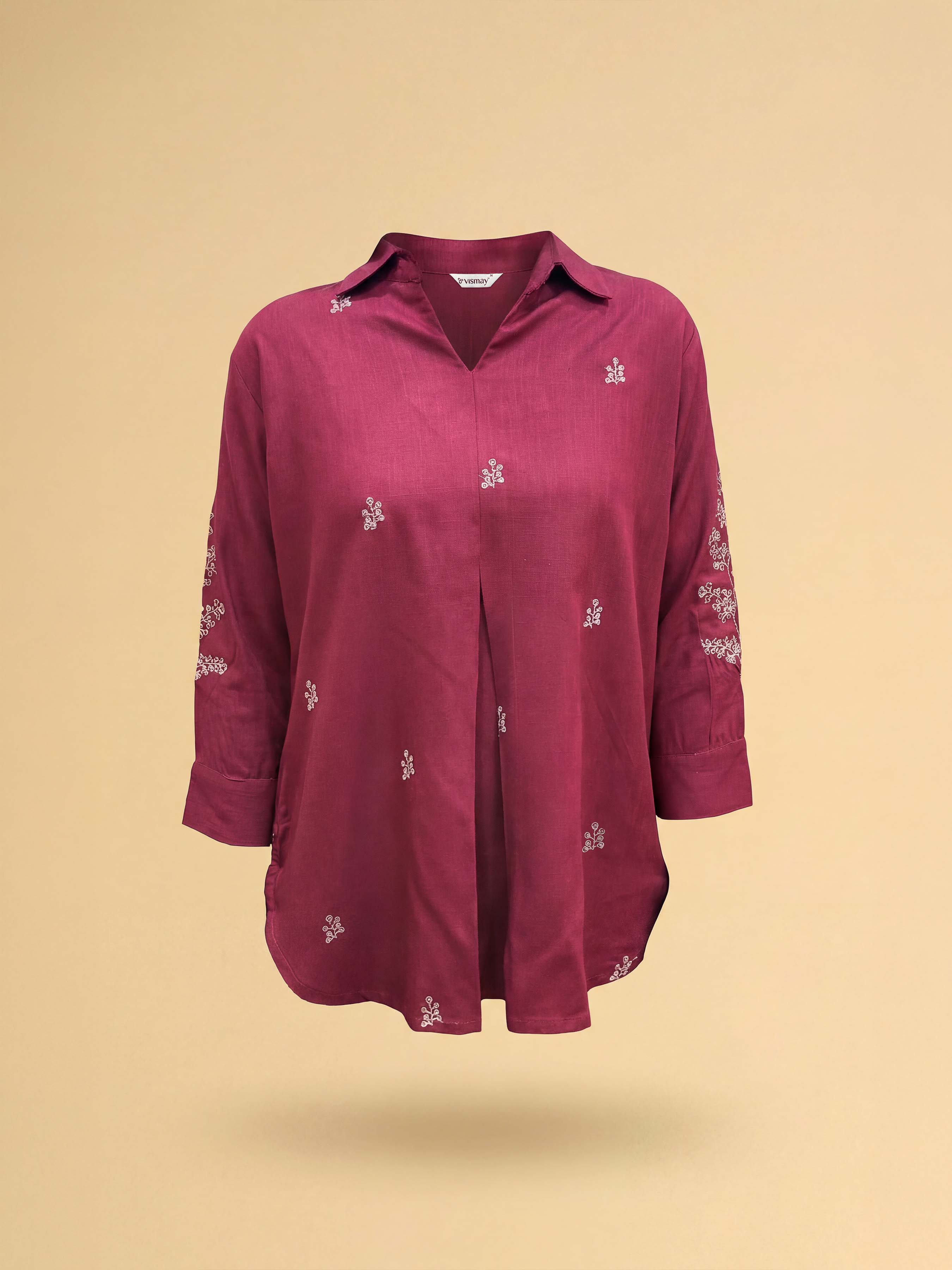 Maroon Viscose Linen Plain Tunic Set With Embroidery And Box Pleat - Image 3