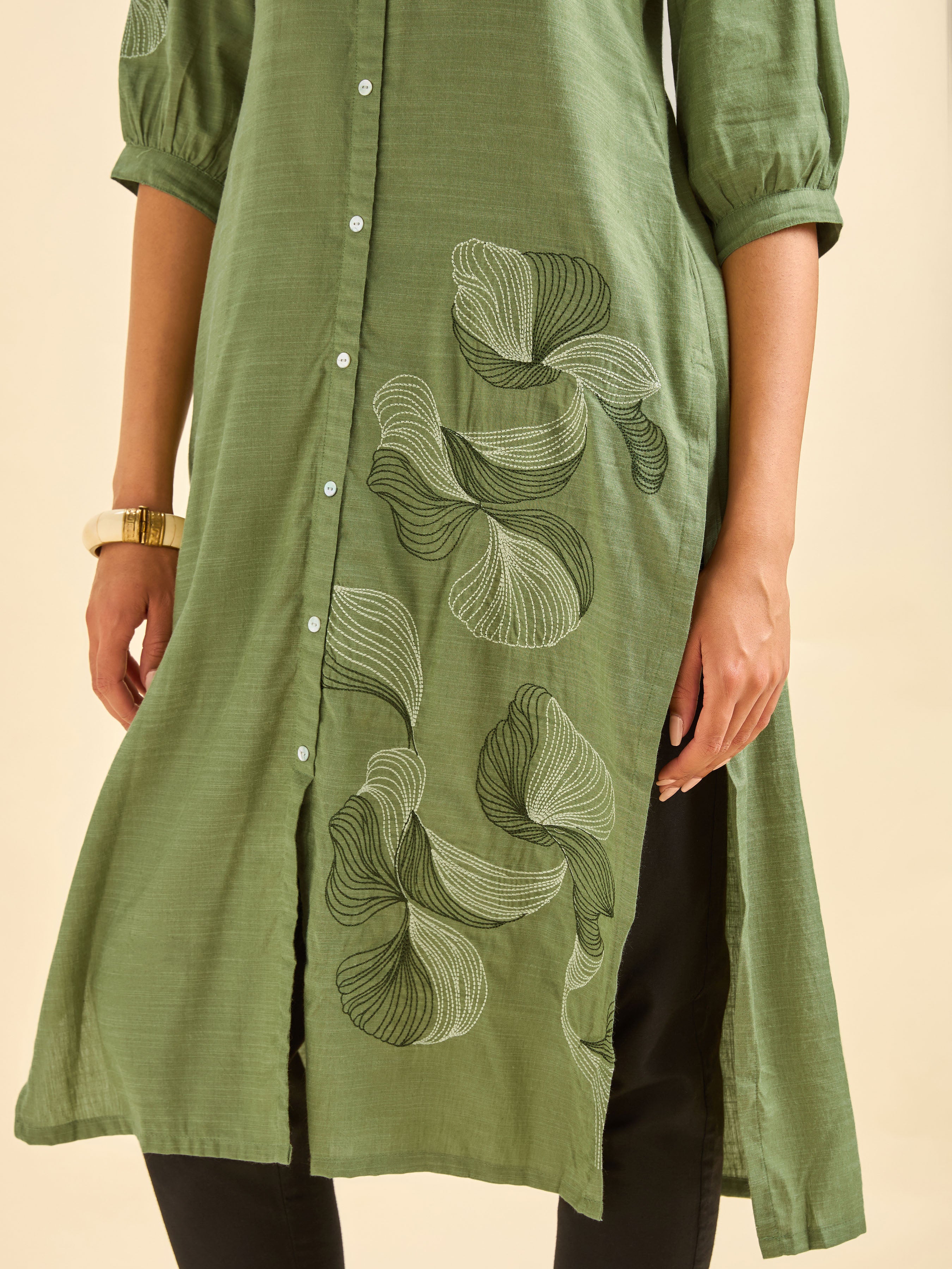 Mint Green Cotton Viscose Kurti With Embroidery - Image 4