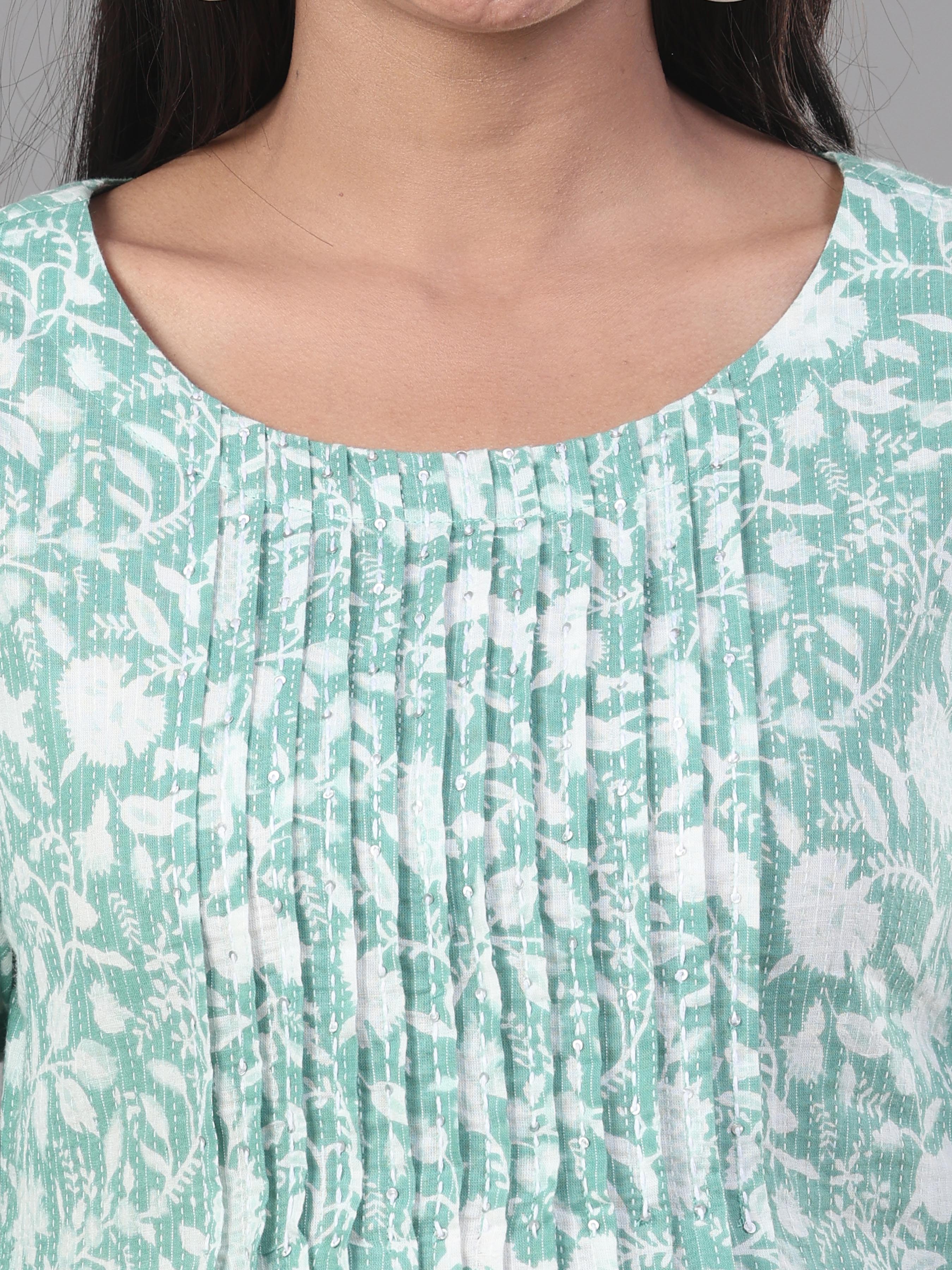 Mint Green Pure Cotton Katha Printed Kurti With Sequins Work - Image 2