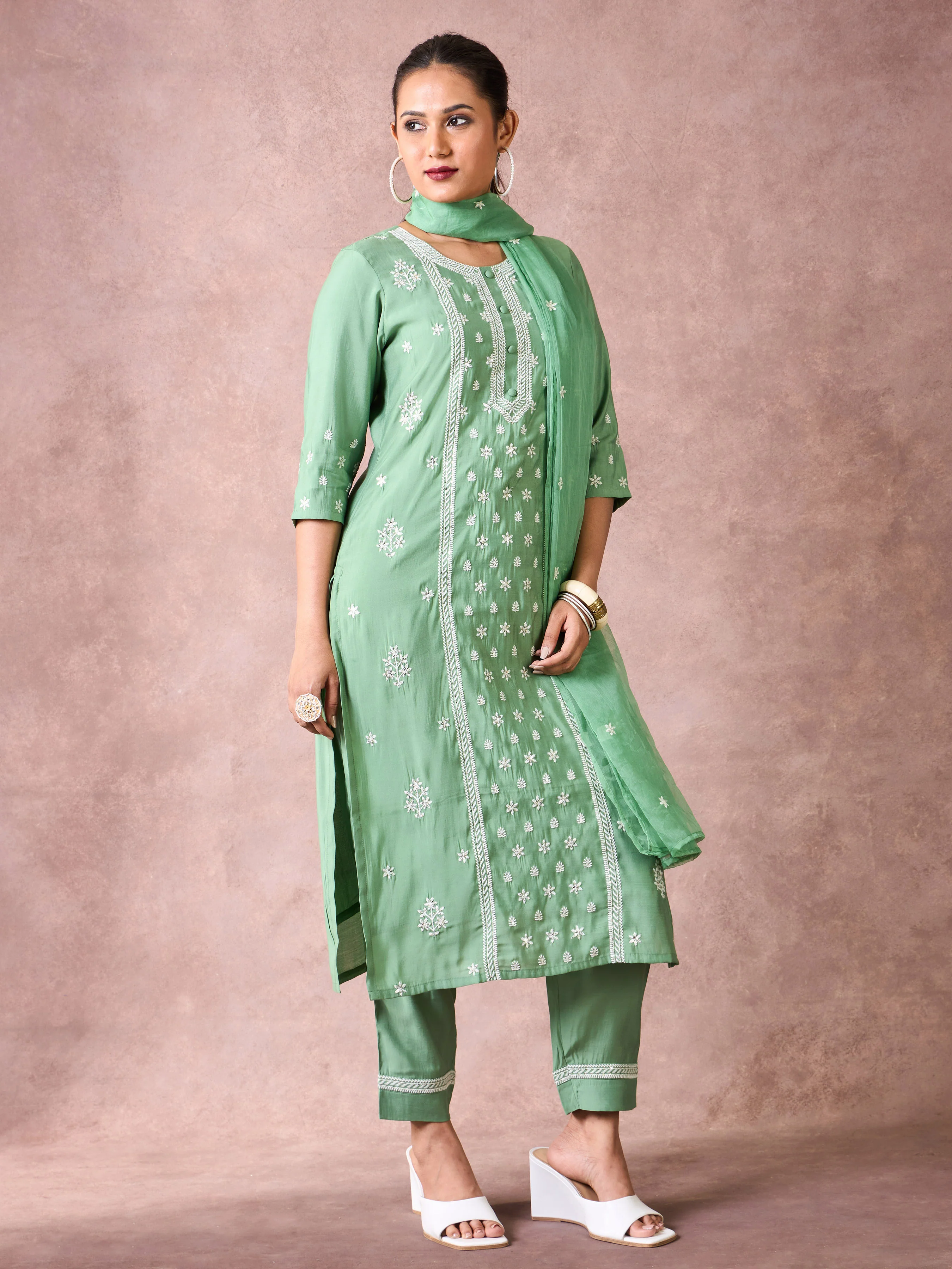 Mint Green Viscose Blend Kurti Set & Dupatta With Embroidery - Image 6