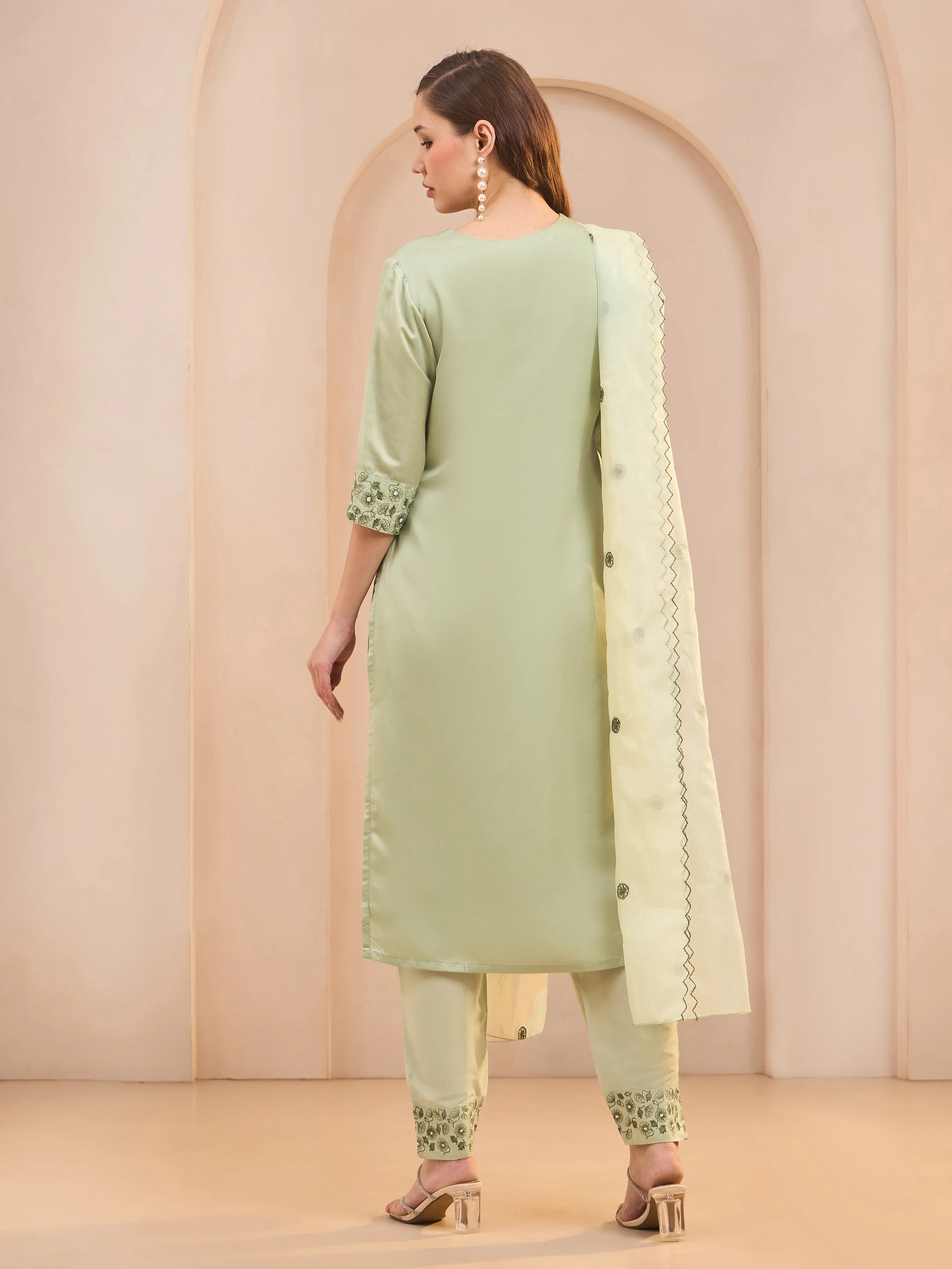 Mint Green Viscose Linen Kurti Set & Dupatta With Handwork Embroidery - Image 5
