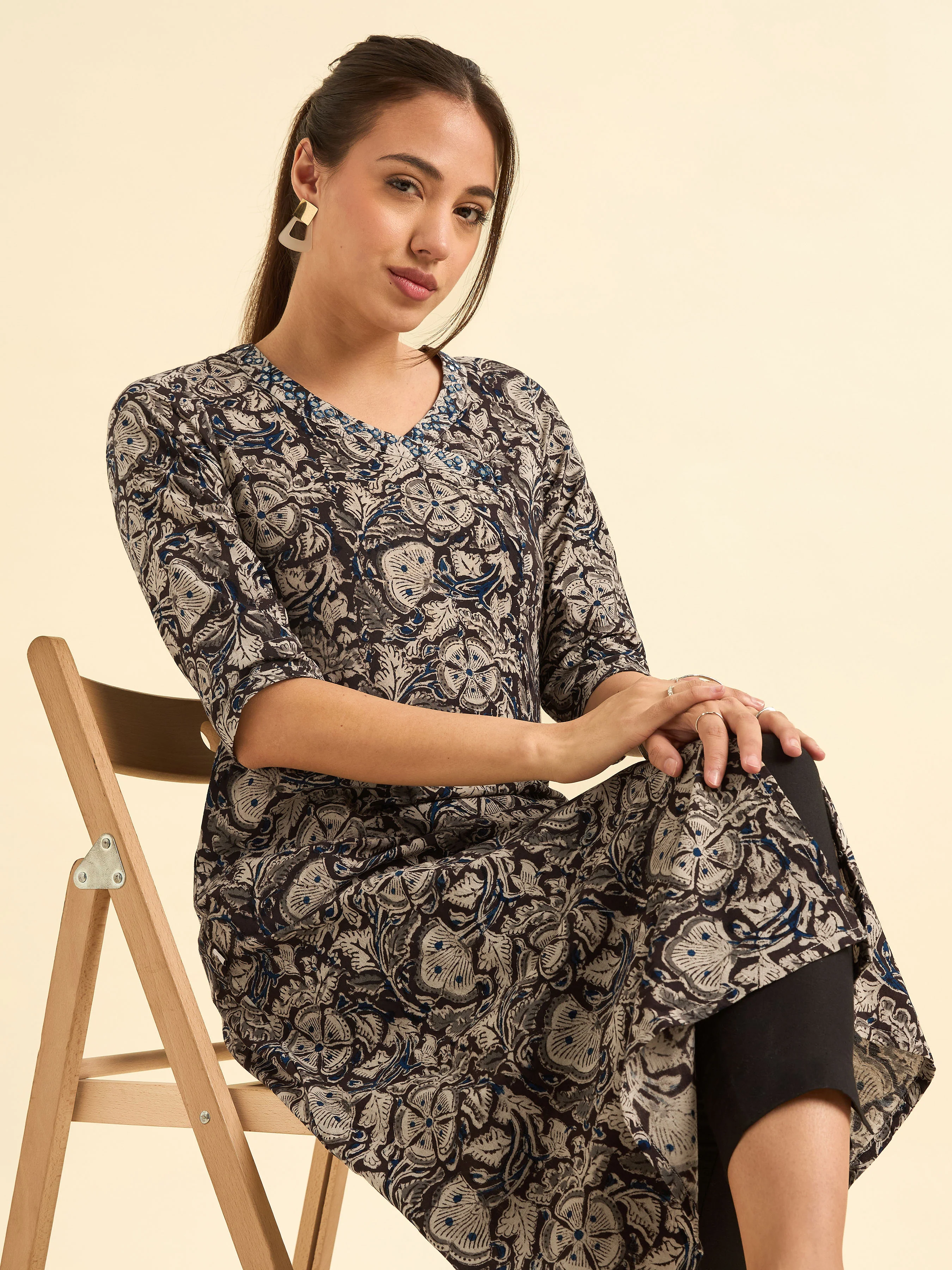 Multi Colour Angrakha Printed Flared Kurti With Mirror Work - Image 4