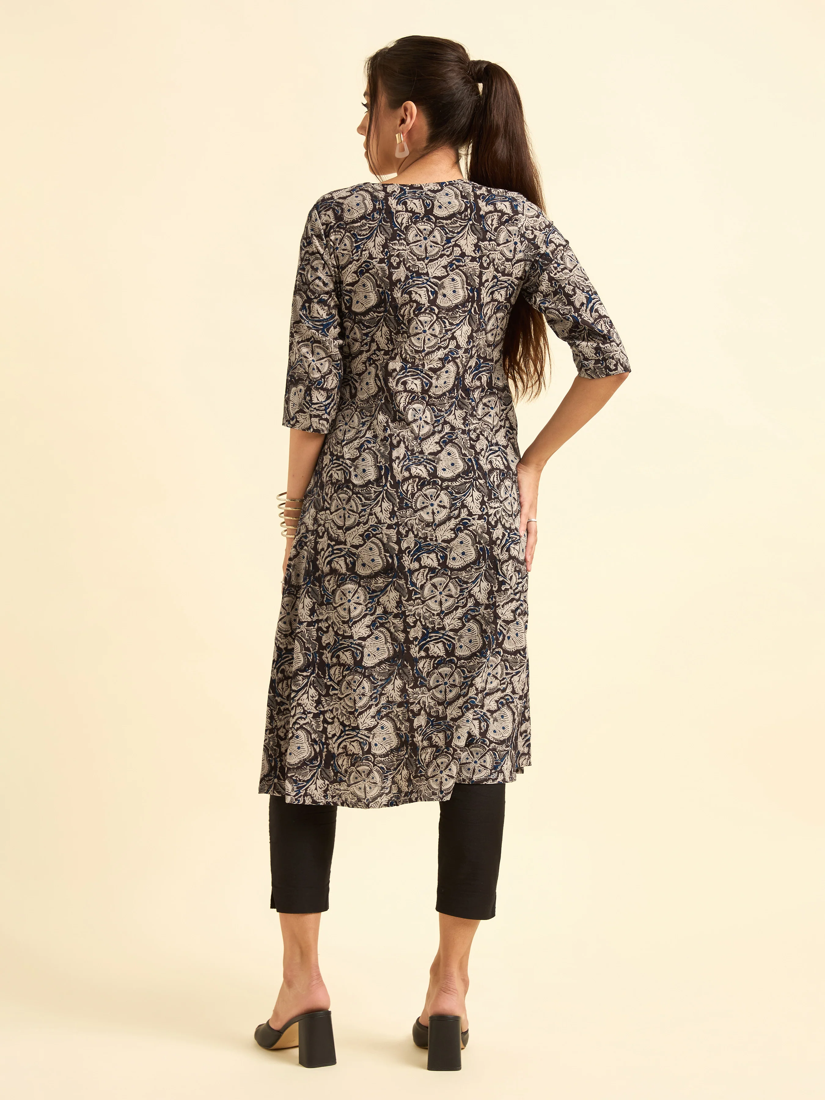 Multi Colour Angrakha Printed Flared Kurti With Mirror Work - Image 6