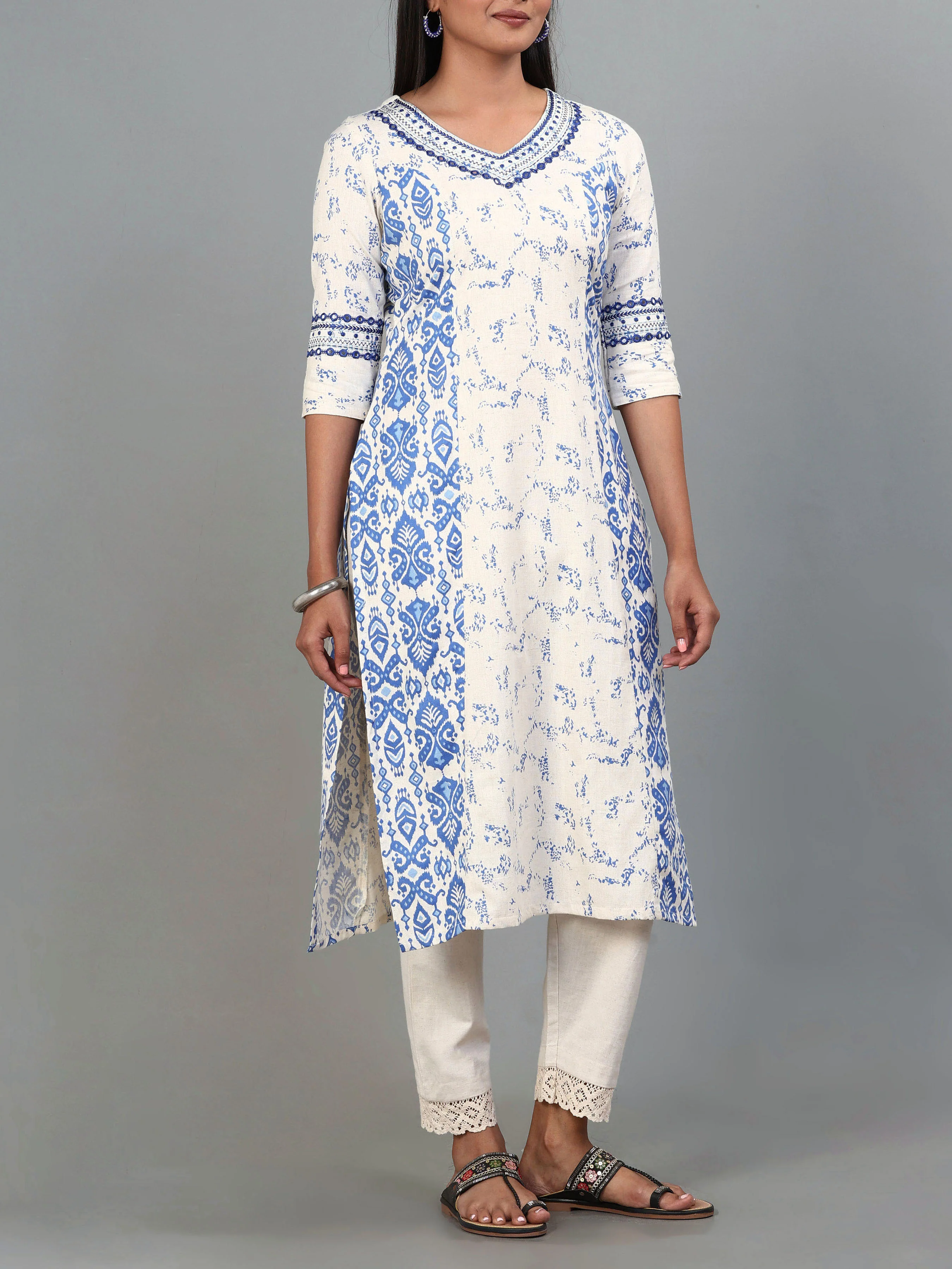 Multi Colour Cotton Flax Kurti With Embroidery - Image 3