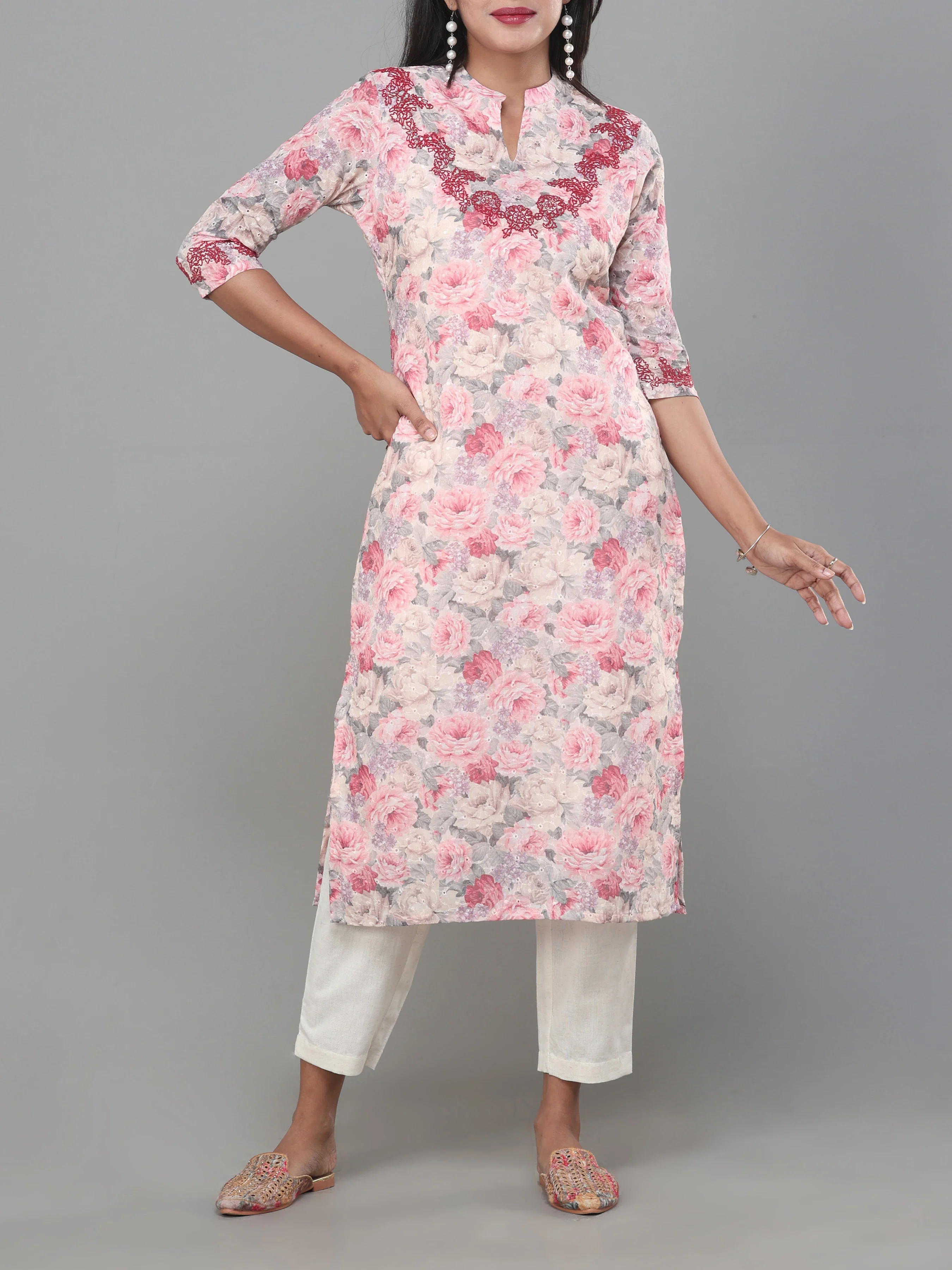 Multi Colour Cotton Schiffeli Printed Kurti With Embroidery And Matching Bottom - Image 3