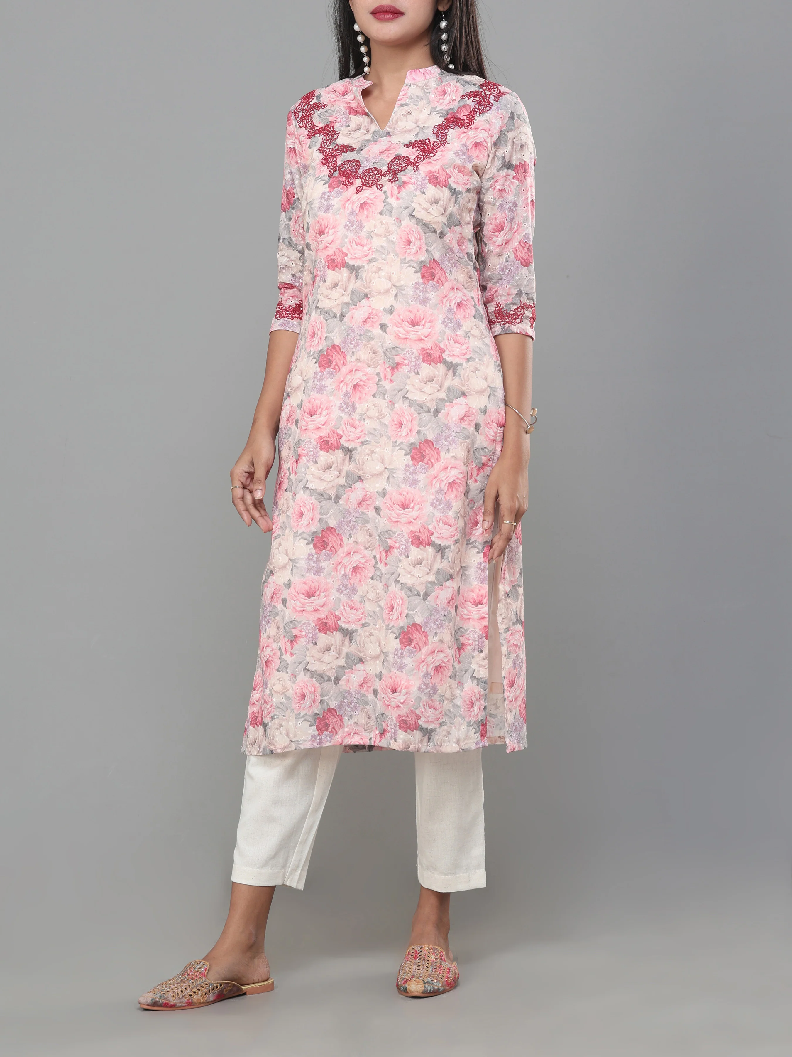 Multi Colour Cotton Schiffeli Printed Kurti With Embroidery And Matching Bottom - Image 4