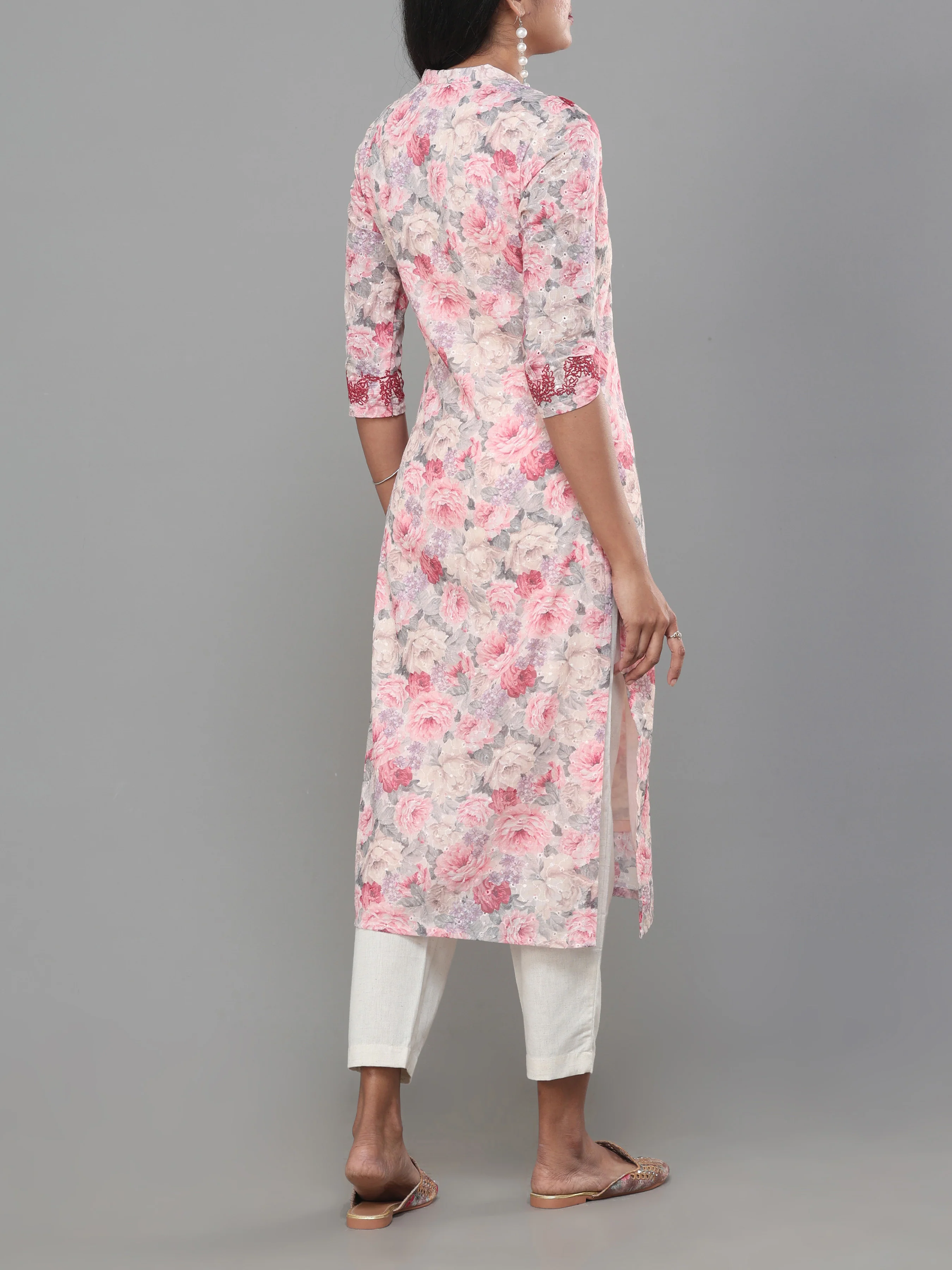 Multi Colour Cotton Schiffeli Printed Kurti With Embroidery And Matching Bottom - Image 7