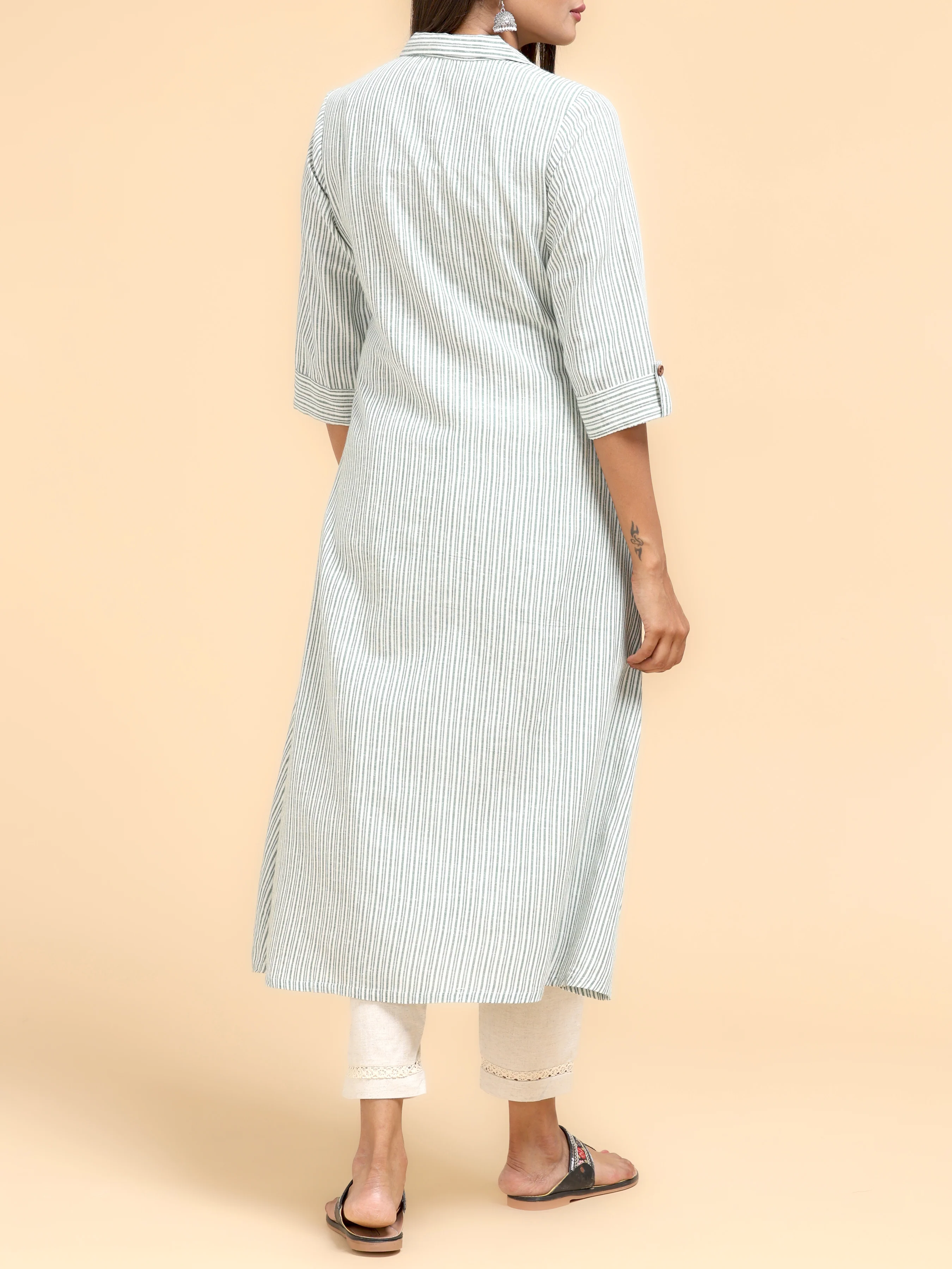 Multi-Colour Cotton Stripe Printed Kurti With Shirt Collar - Image 5