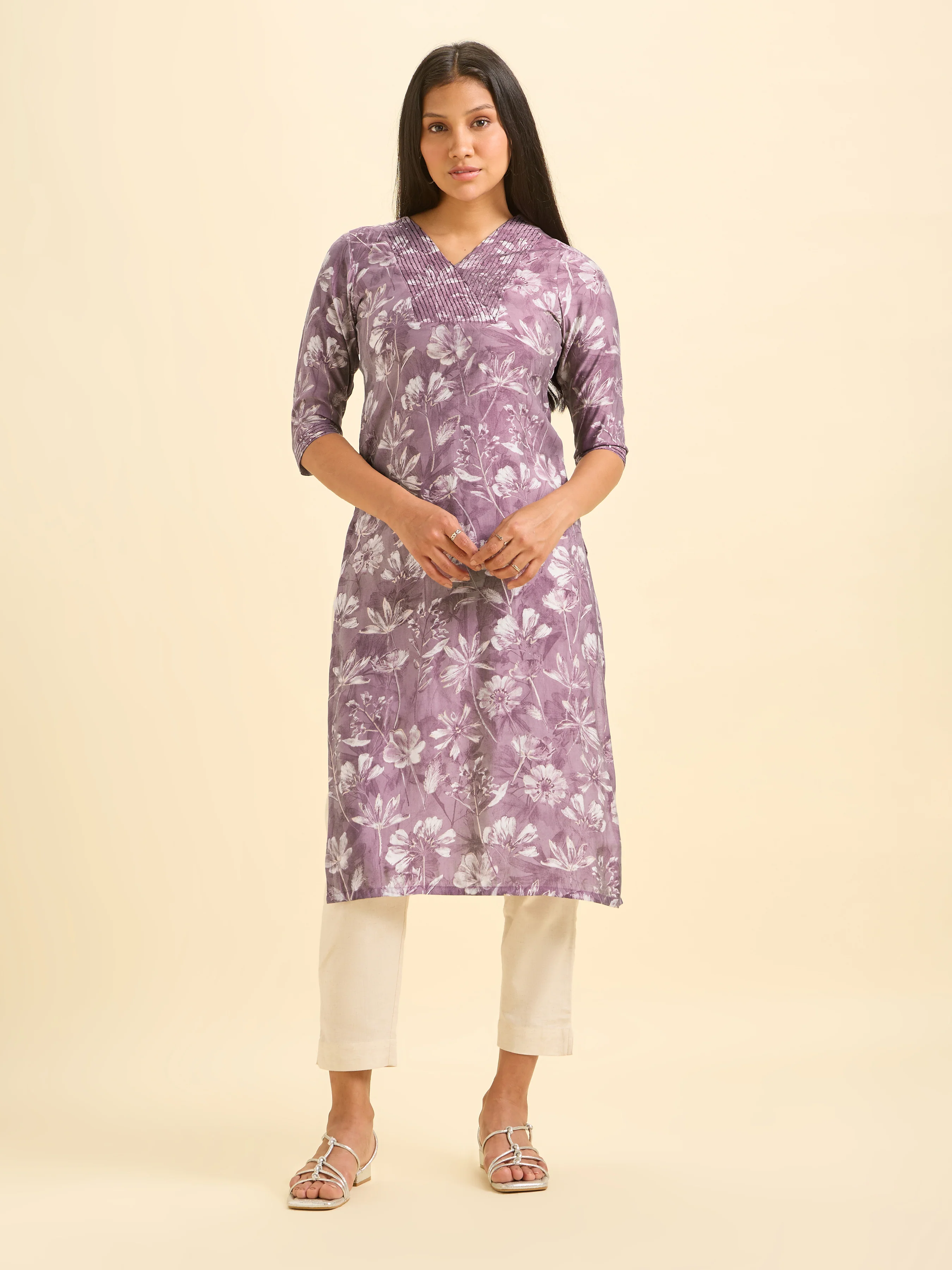 Multi Colour Modal Chanderi Printed Slitted Kurti With Embroidery And Sequins Work - Image 4