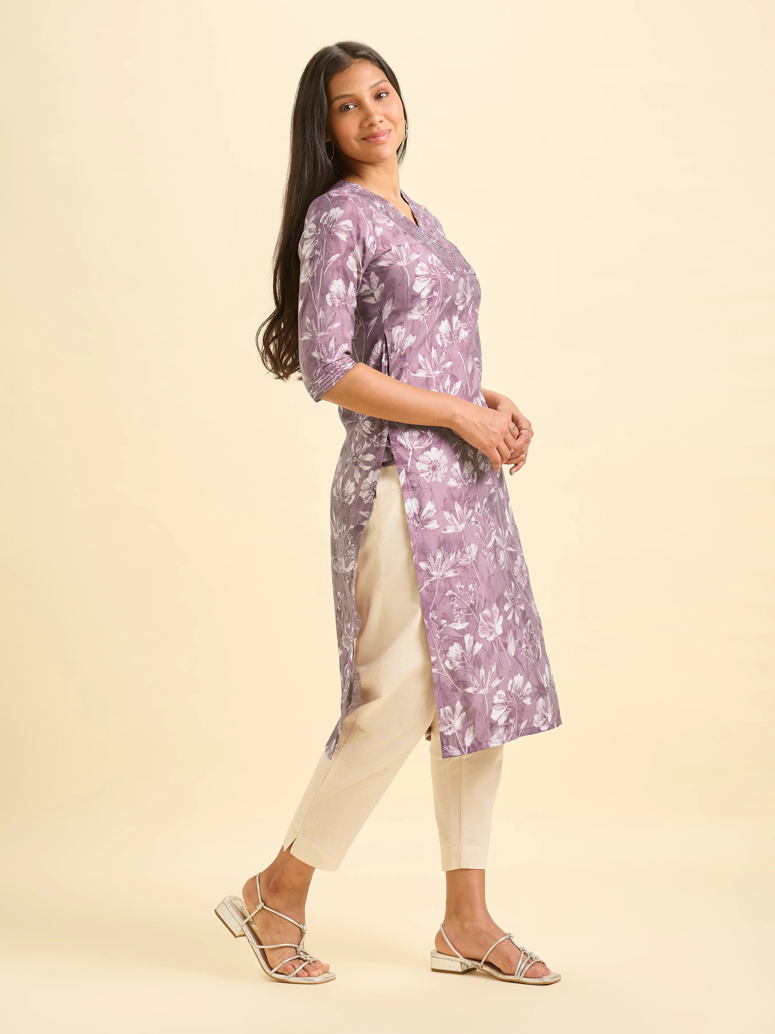 Multi Colour Modal Chanderi Printed Slitted Kurti With Embroidery And Sequins Work - Image 5