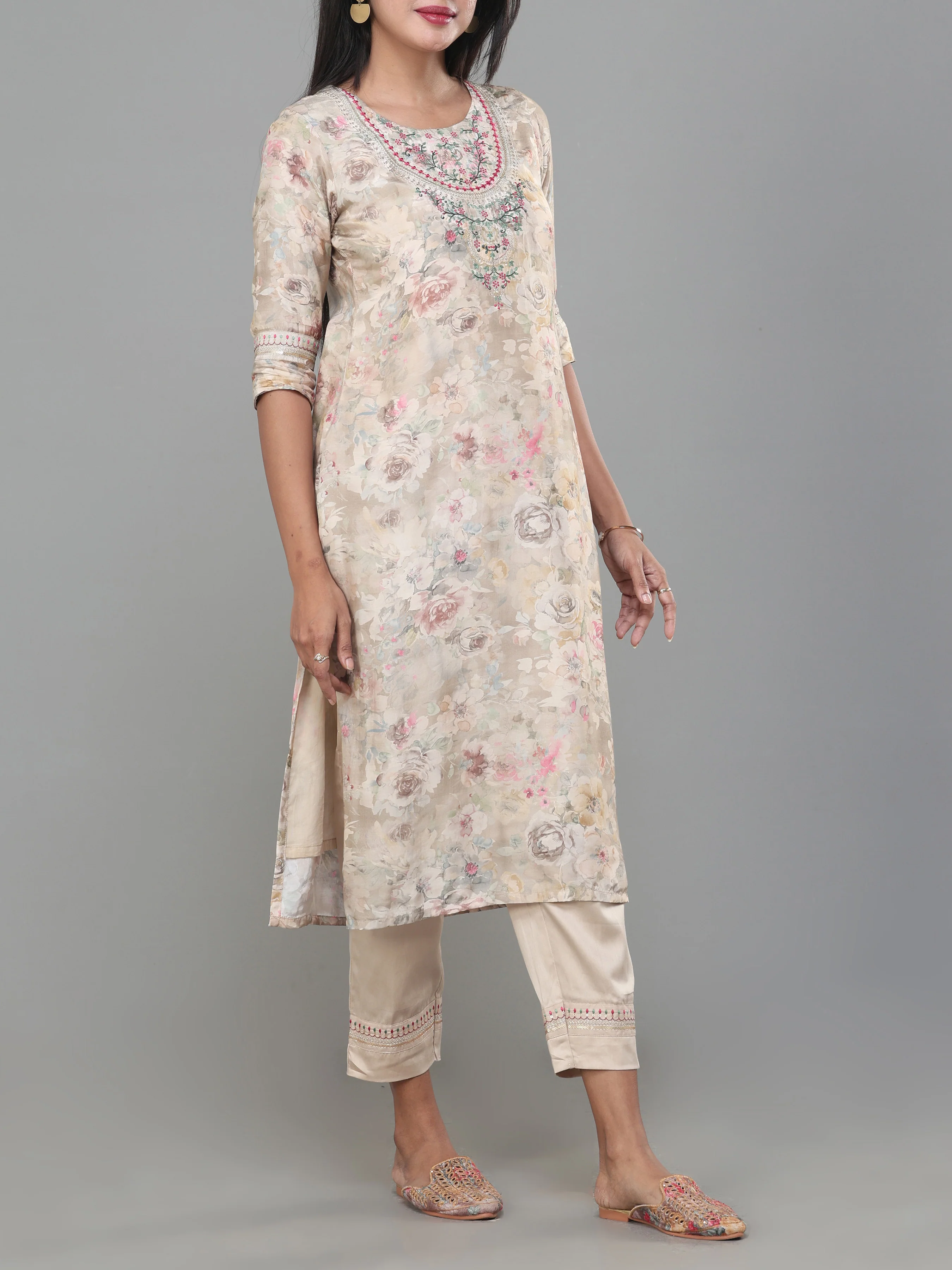 Multi Colour Muslin Printed Kurti With Sequins Work and Matching Bottom - Image 3