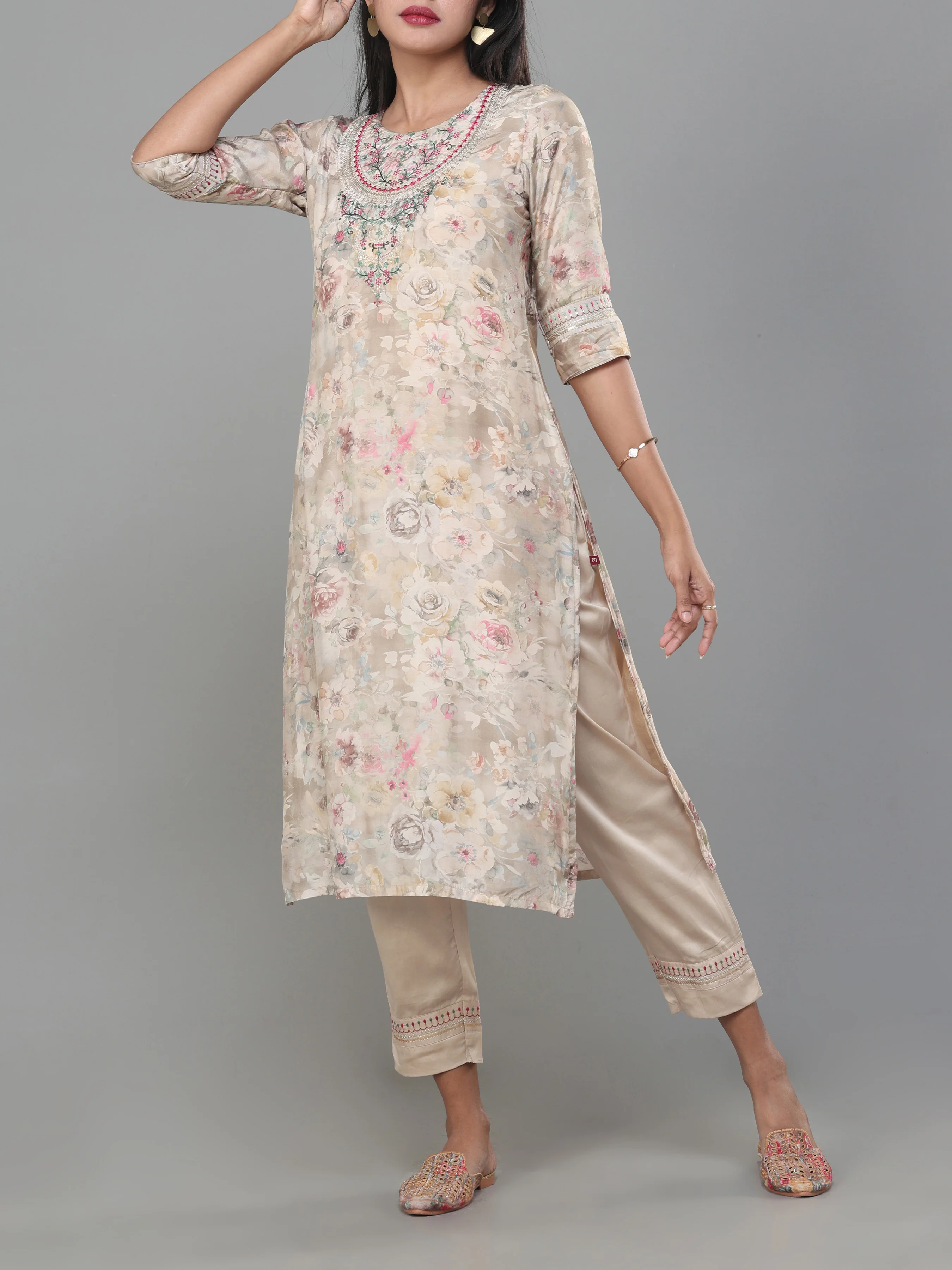 Multi Colour Muslin Printed Kurti With Sequins Work and Matching Bottom - Image 4