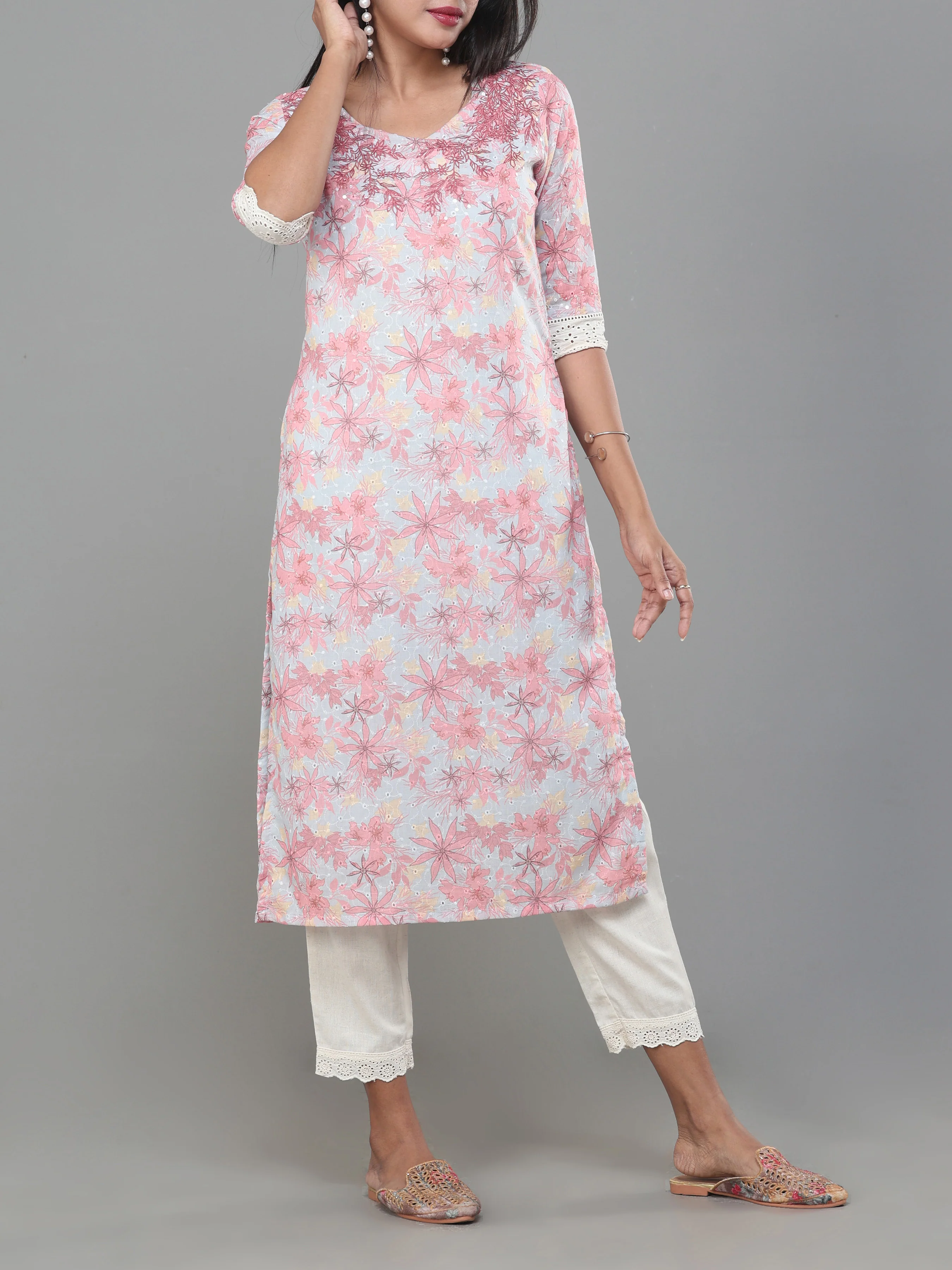 Multi Colour Poly Cotton Schiffli Printed Kurti With Embroidery And Matching Bottom - Image 3