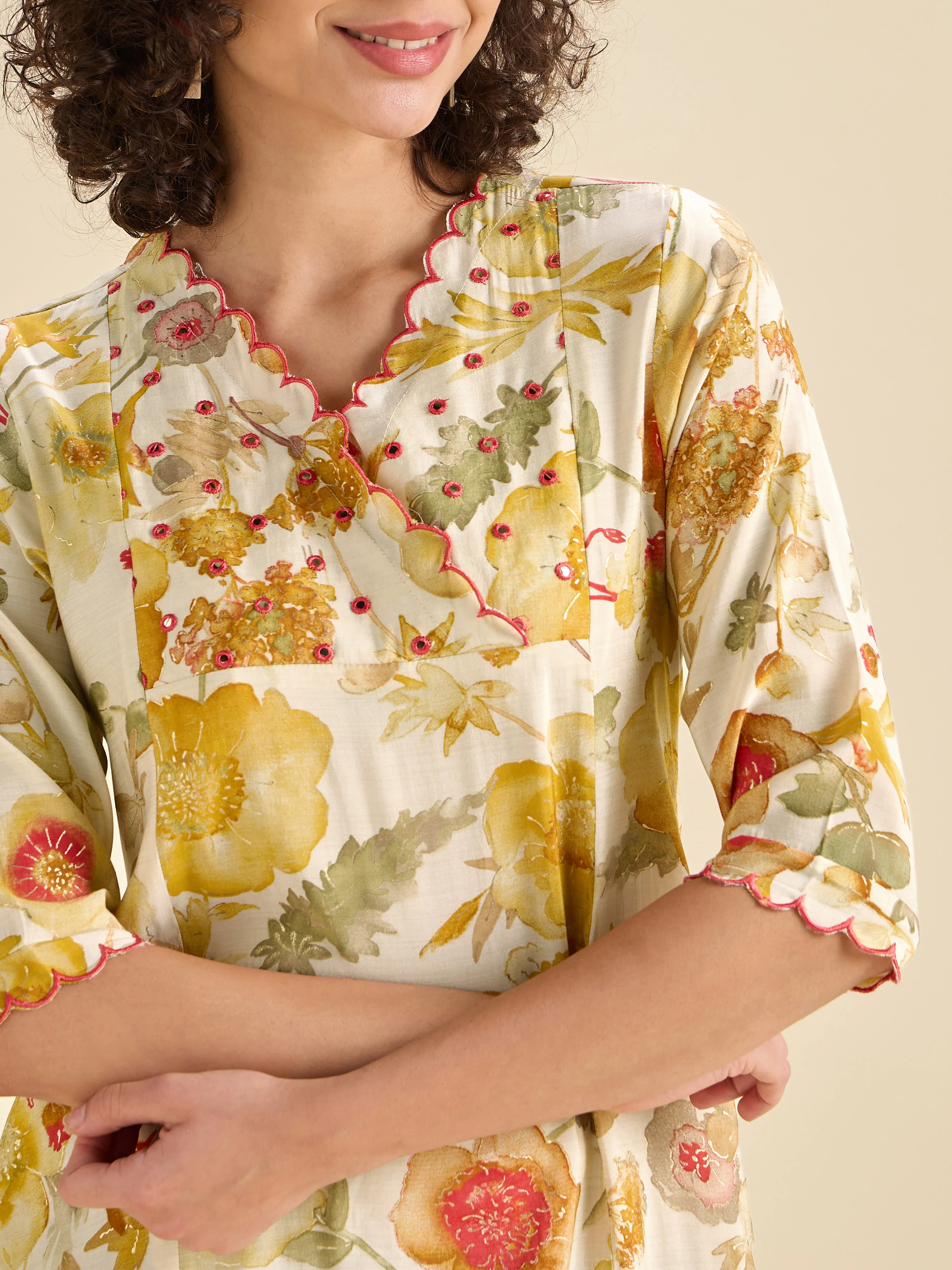 Multi Coloured Modal Chanderi Printed Flared Center Panel Kurti With Mirror Work & Scalloped Embroidery - Image 2