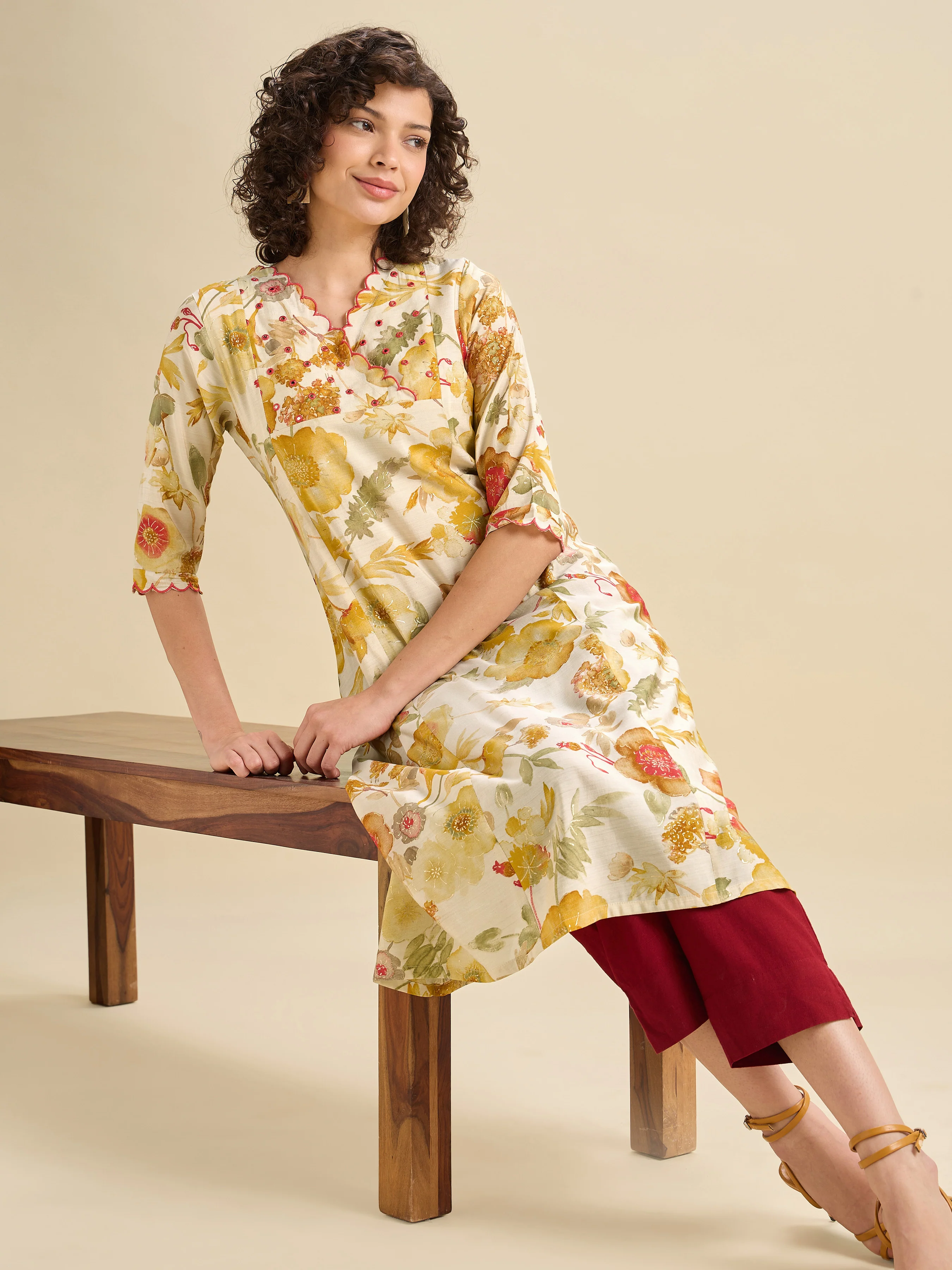 Multi Coloured Modal Chanderi Printed Flared Center Panel Kurti With Mirror Work & Scalloped Embroidery - Image 3