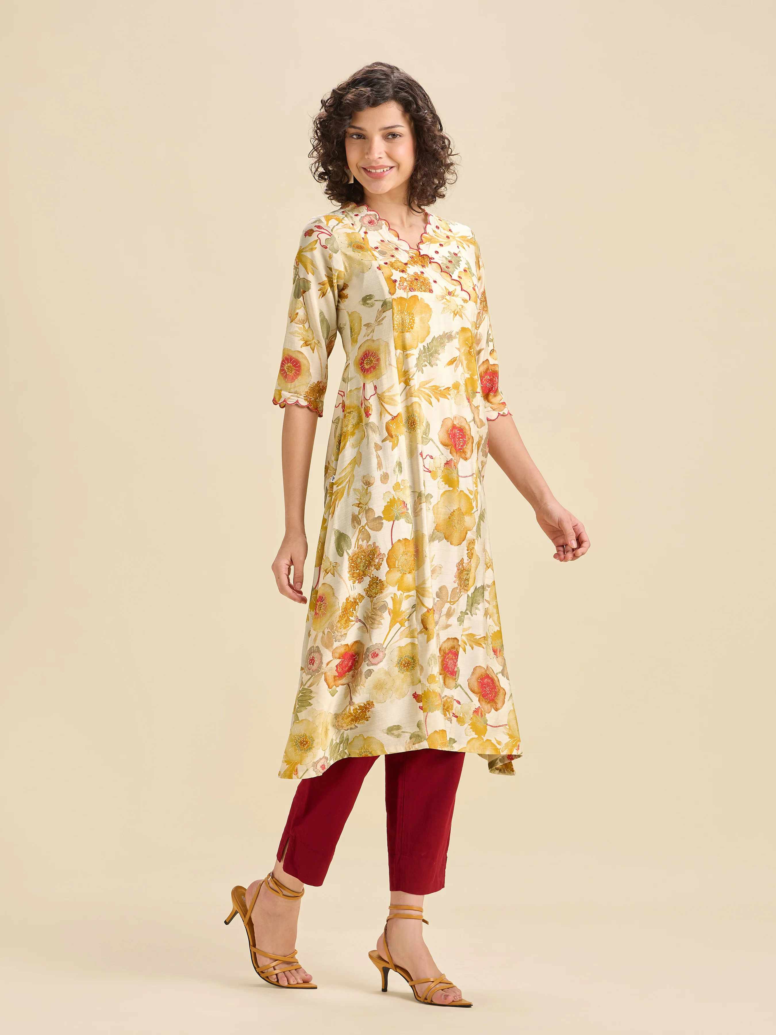 Multi Coloured Modal Chanderi Printed Flared Center Panel Kurti With Mirror Work & Scalloped Embroidery - Image 4