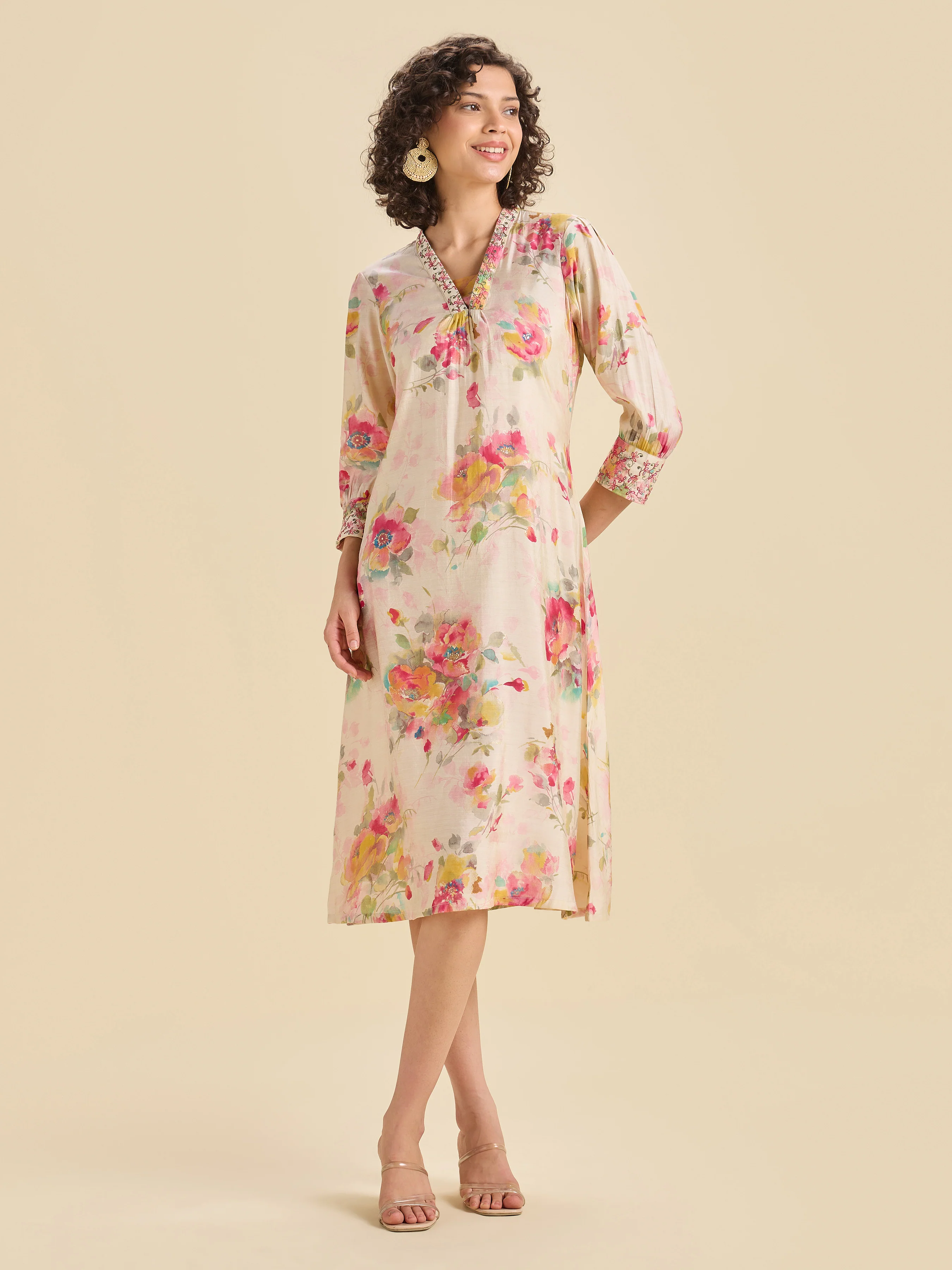 Multi Coloured Modal Chanderi Printed Kurti With Sequins Embroidery
