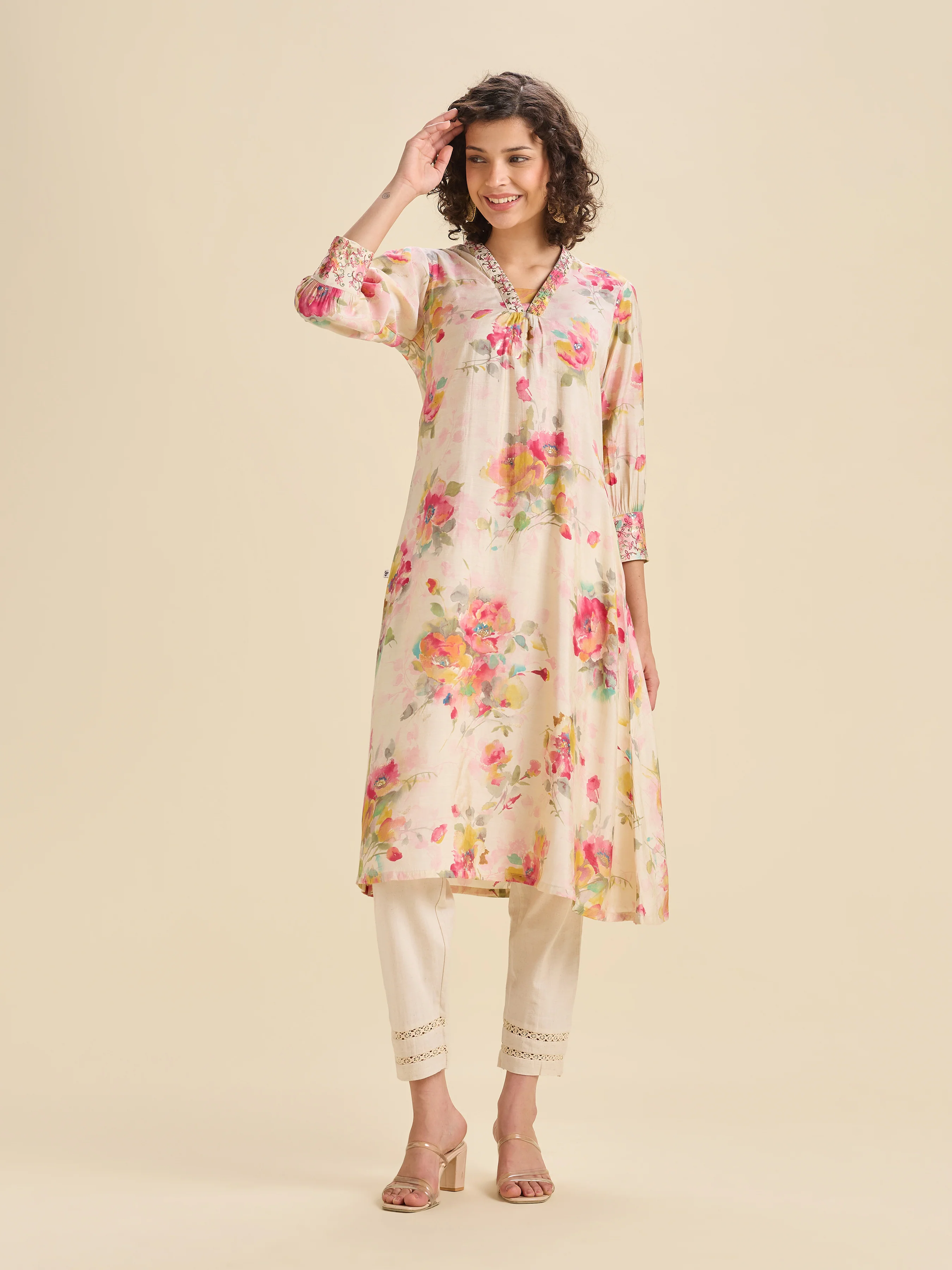 Multi Coloured Modal Chanderi Printed Kurti With Sequins Embroidery - Image 3