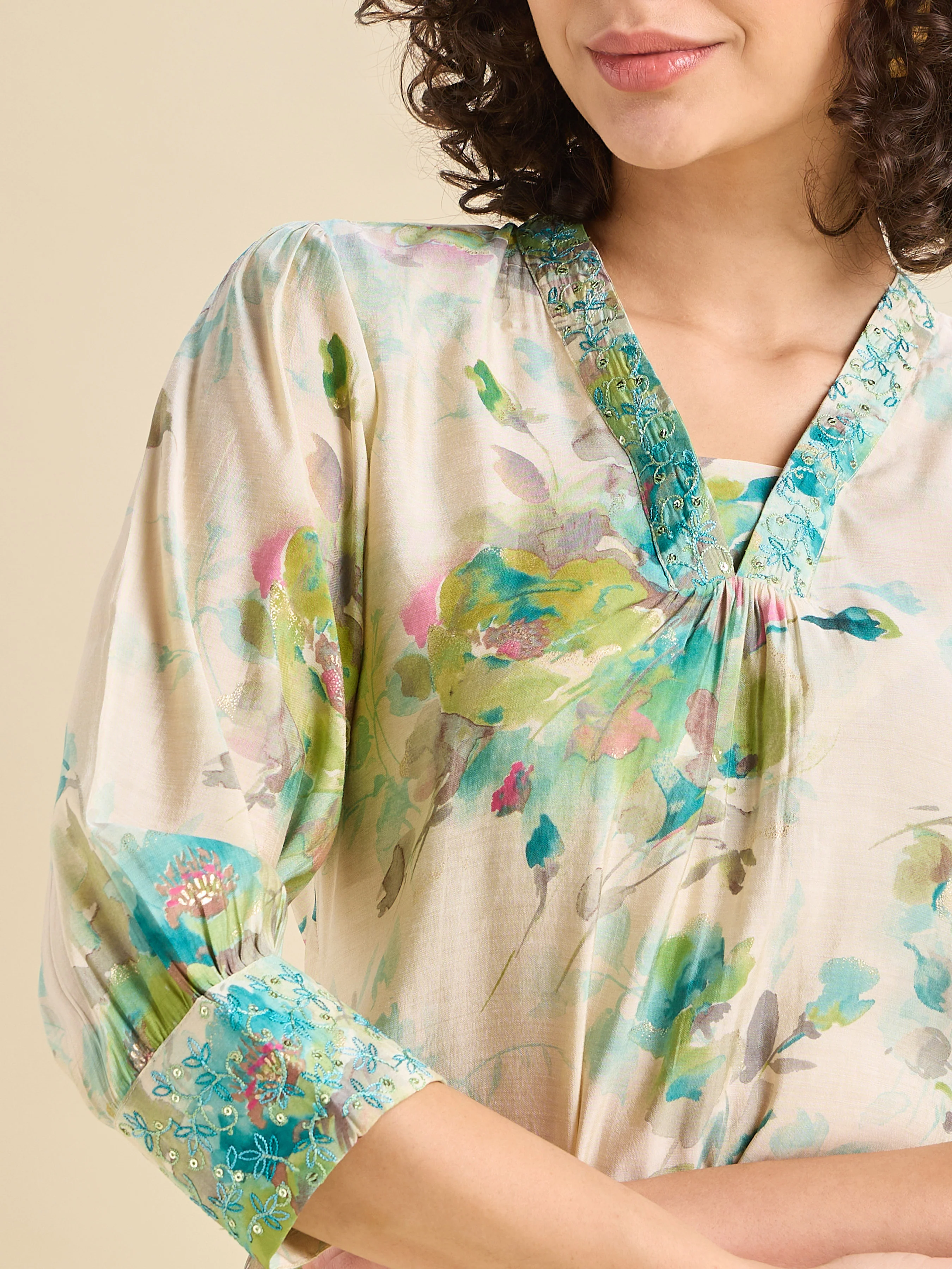 Multi Coloured Modal Chanderi Printed Kurti With Sequins Embroidery - Image 2