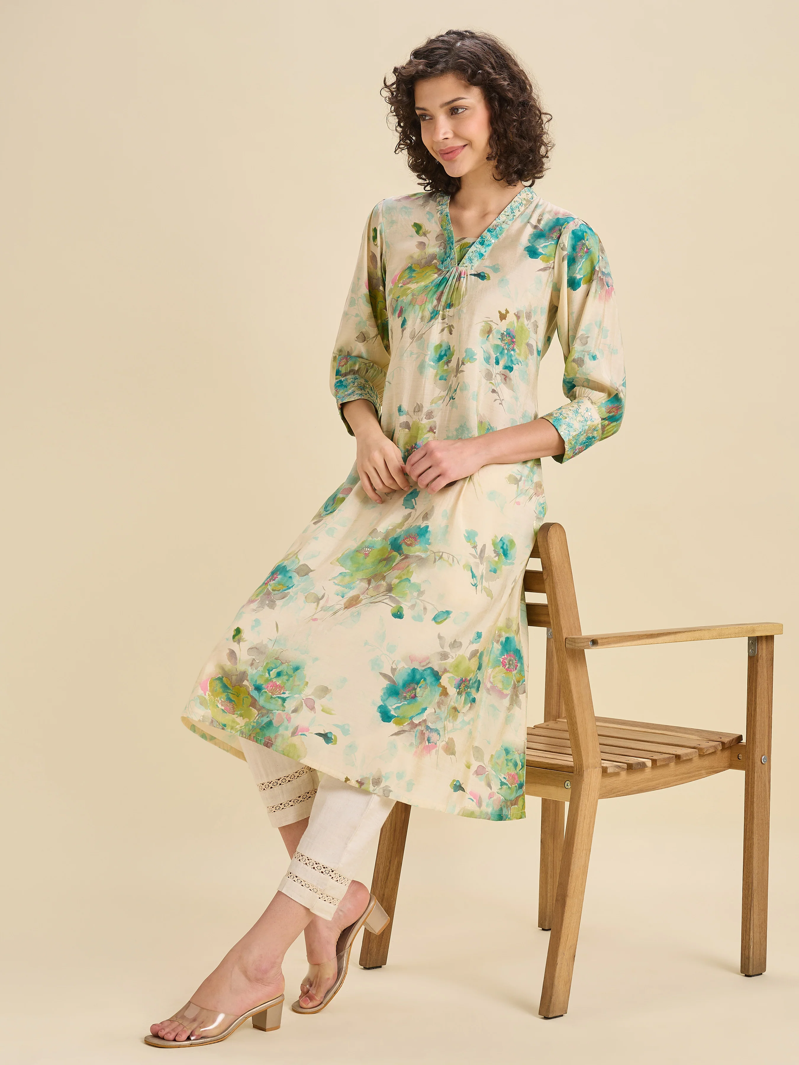 Multi Coloured Modal Chanderi Printed Kurti With Sequins Embroidery - Image 8