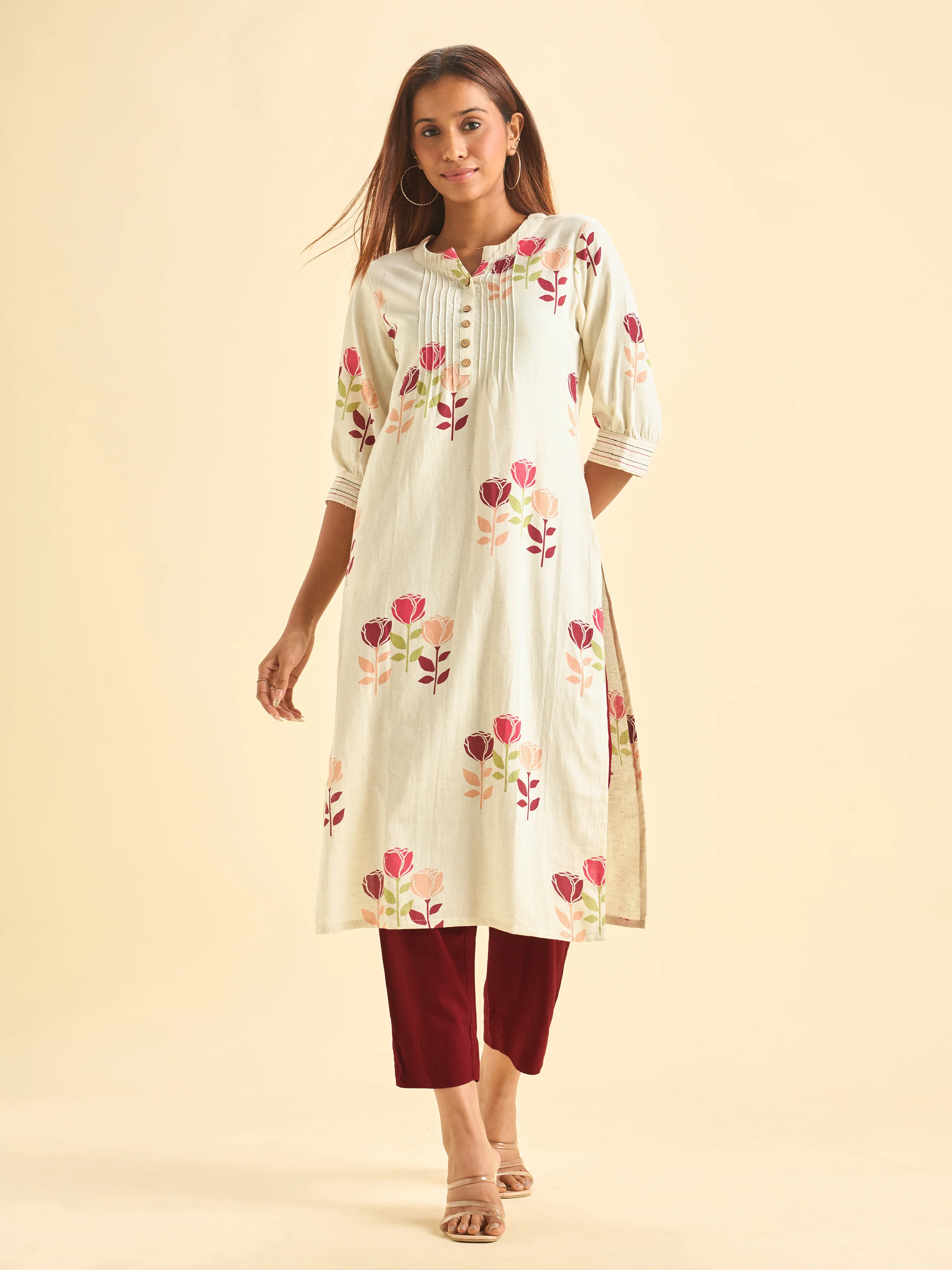 Multicolour Cotton Flax Printed Slitted Kurti With Embroidery On Sleeves And Pintucks - Image 5