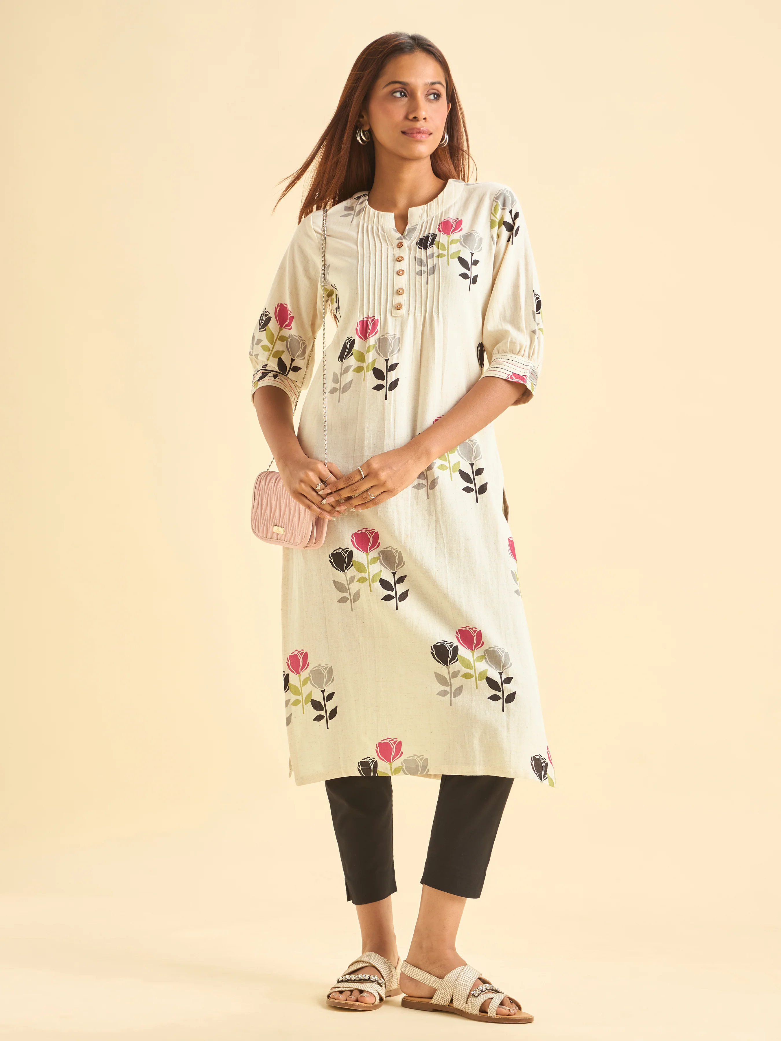 Multicolour Cotton Flax Printed Slitted Kurti With Embroidery On Sleeves And Pintucks - Image 3