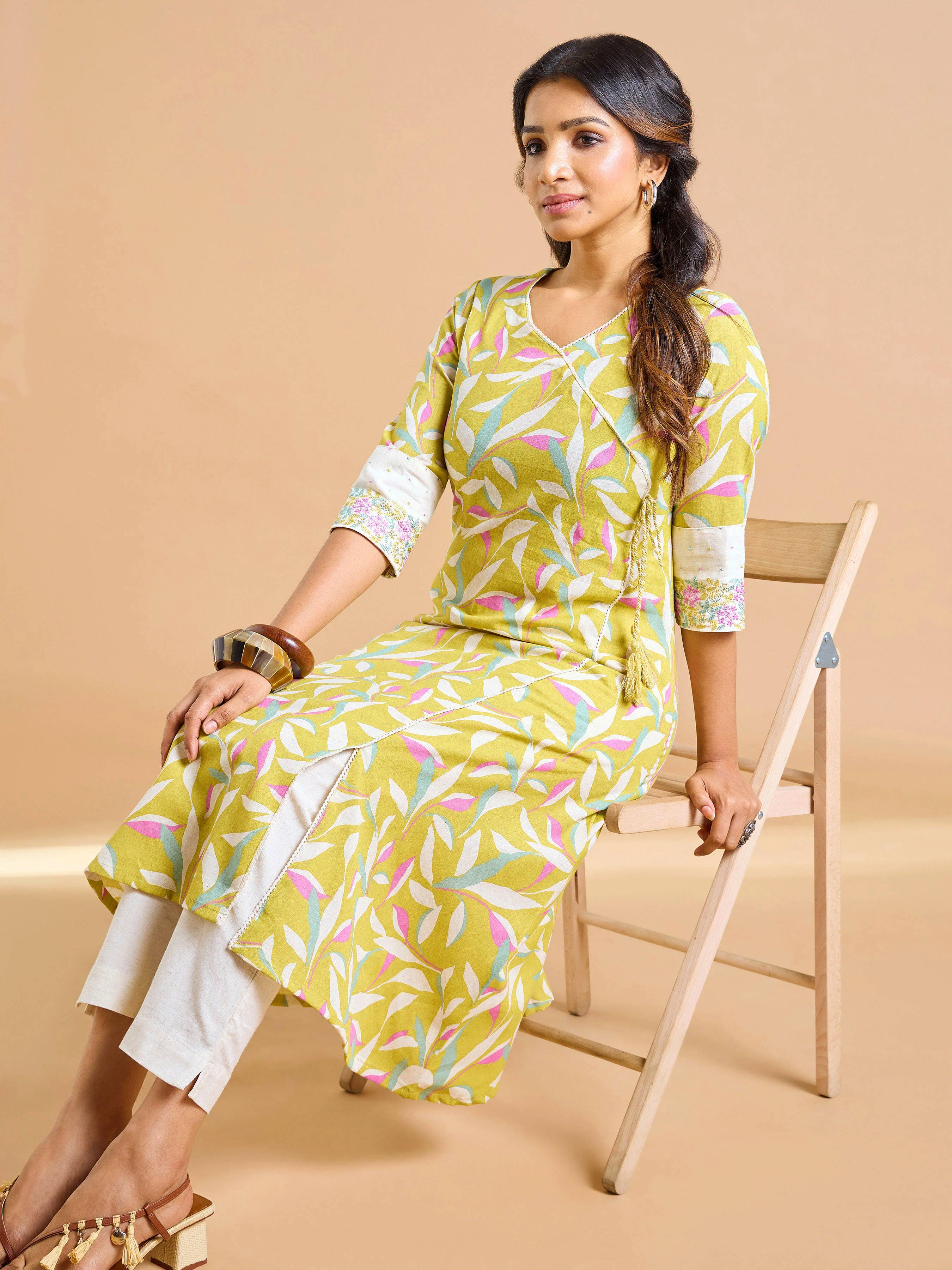 Mustard Green Cotton Flax Printed Kurti With Embroidery - Image 3