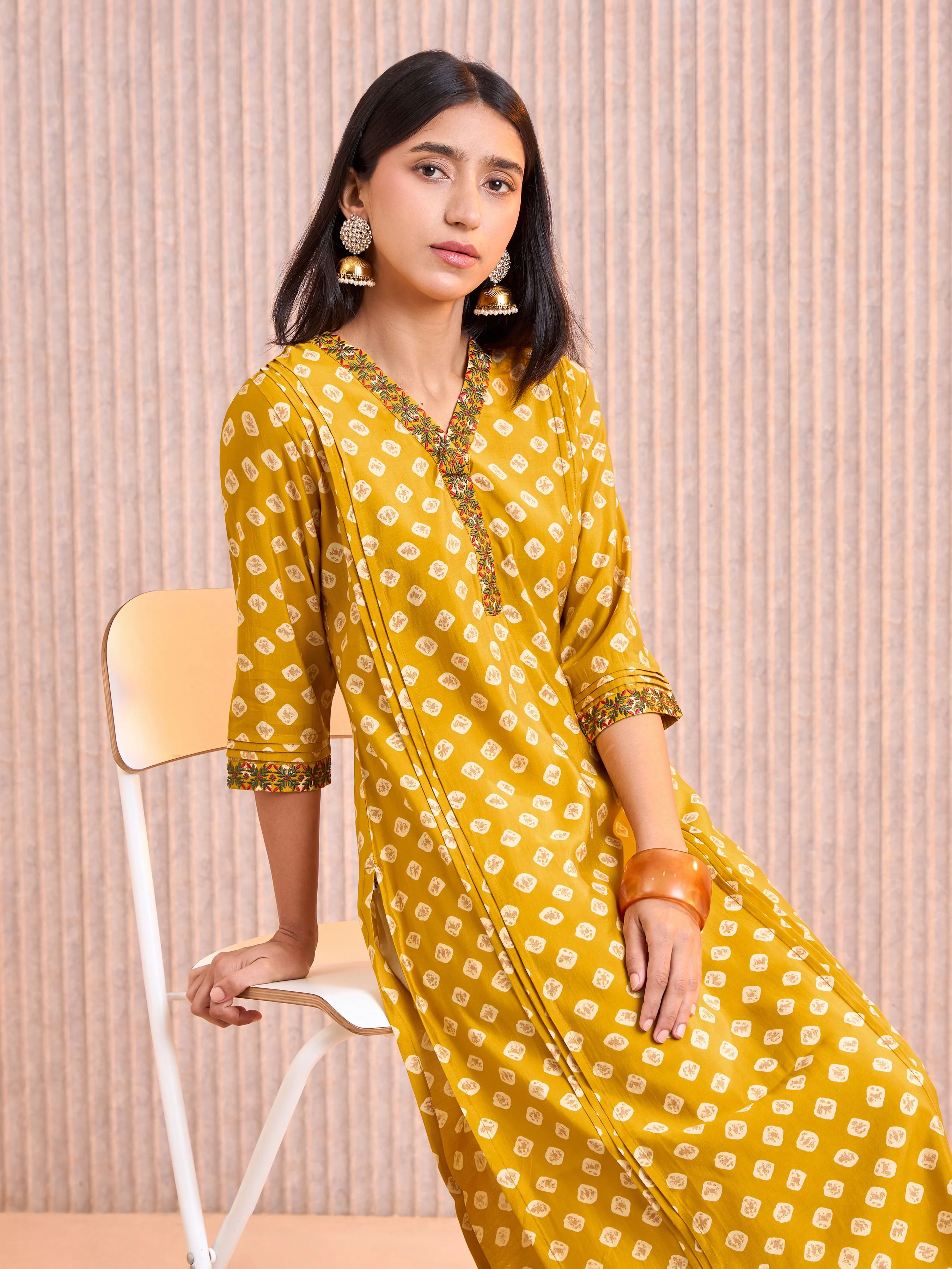 Mustard Modal Chanderi Printed Kurti With Pleats And Embroidery Work - Image 3