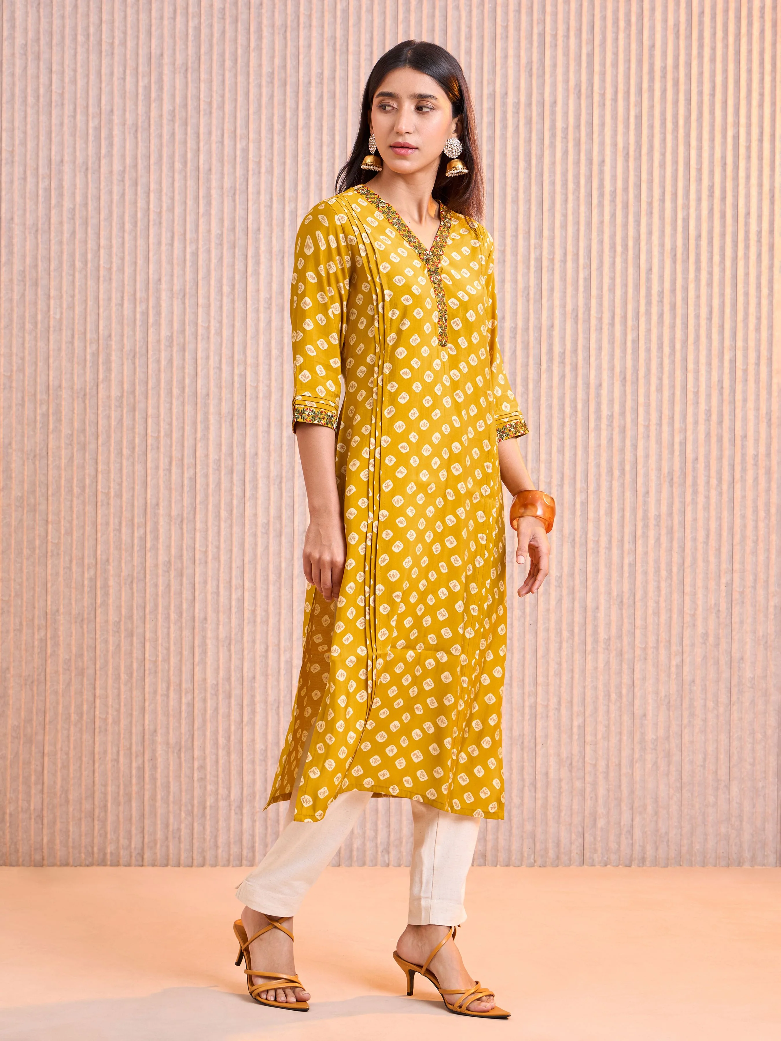 Mustard Modal Chanderi Printed Kurti With Pleats And Embroidery Work - Image 4