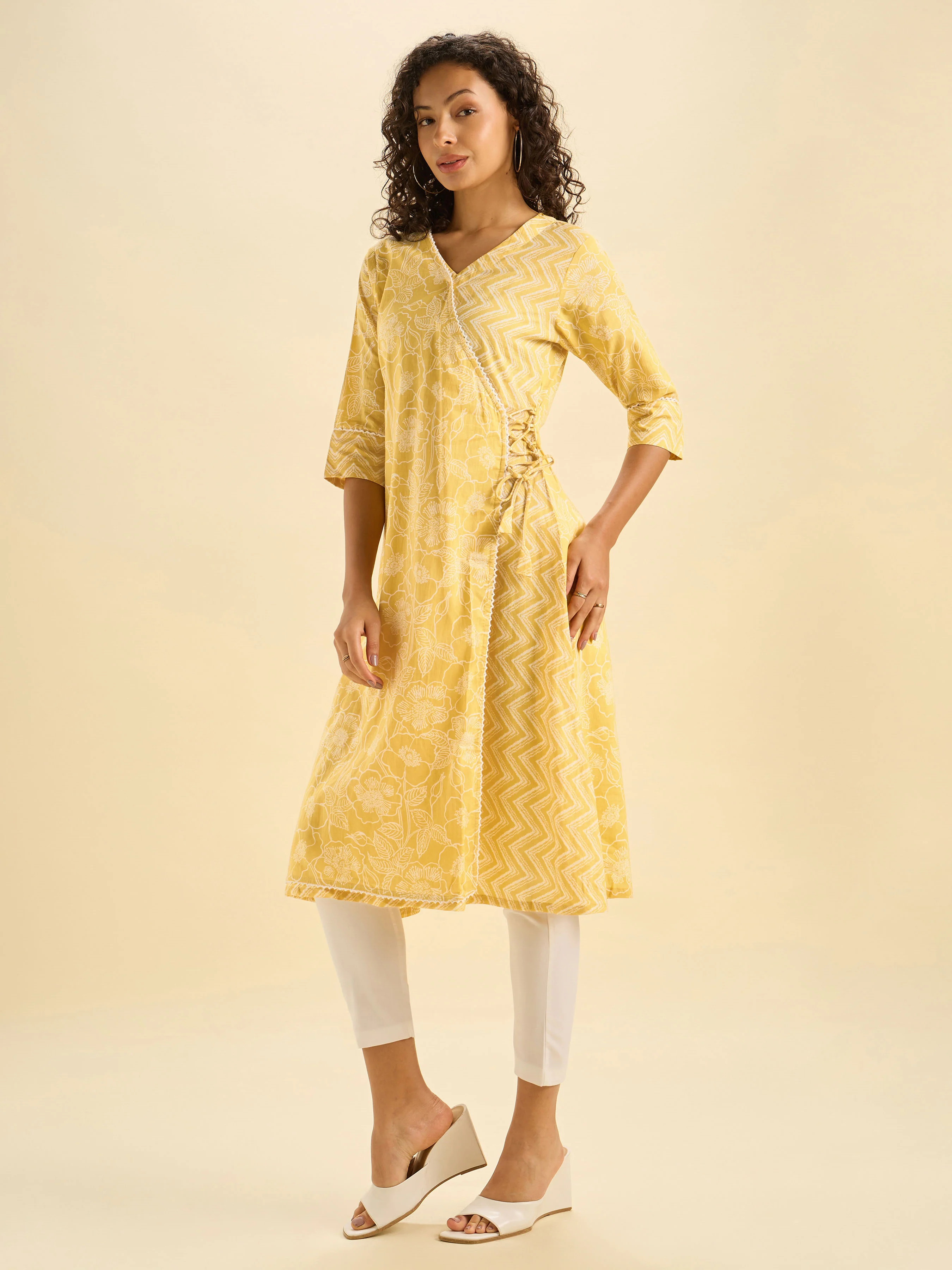 Mustard White Cotton Printed Flared Angrakha Kurti With Lace - Image 5