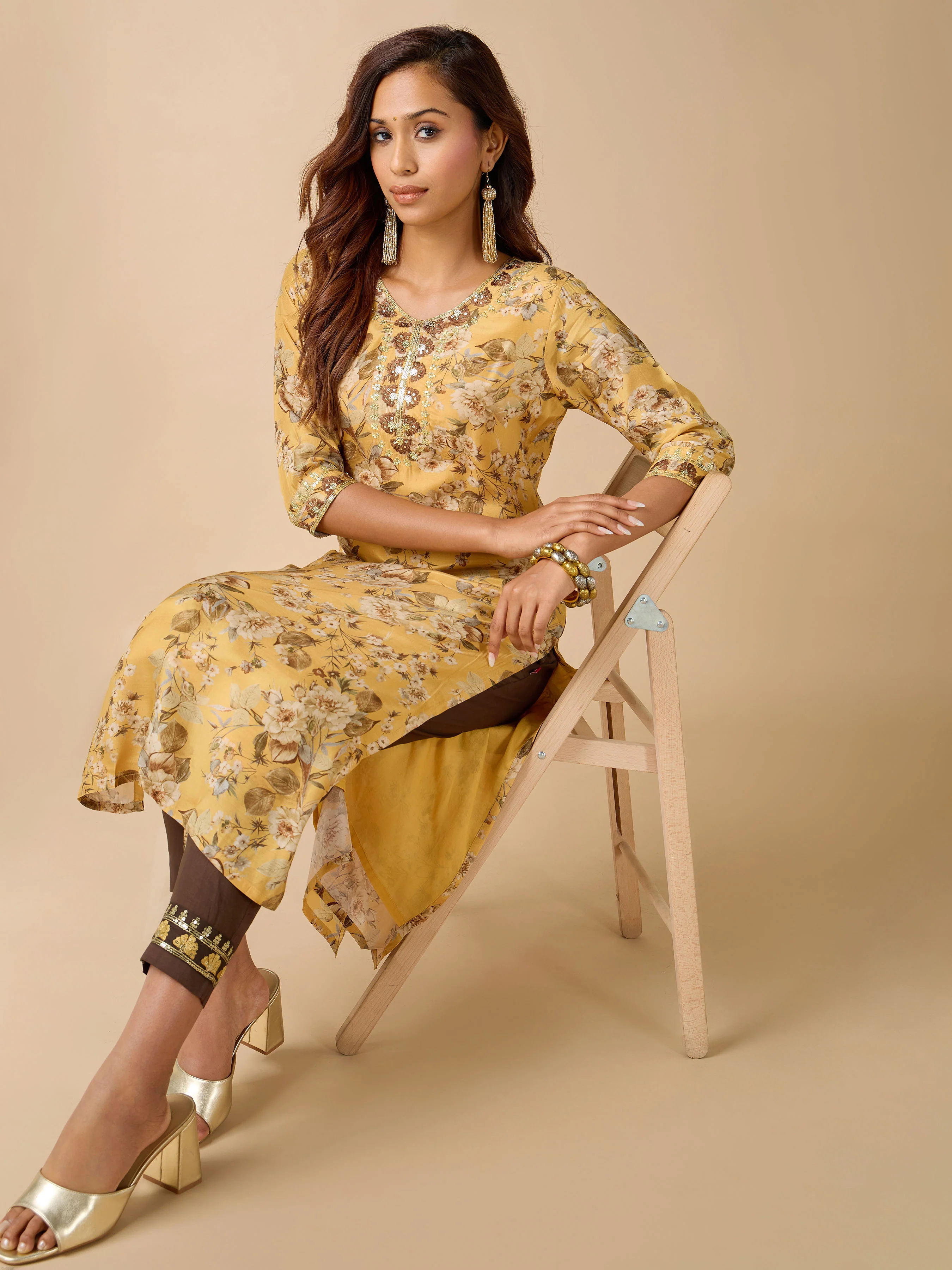Mustard Yellow Muslin Silk Printed Kurti With Embroidery And Matching Bottom - Image 3