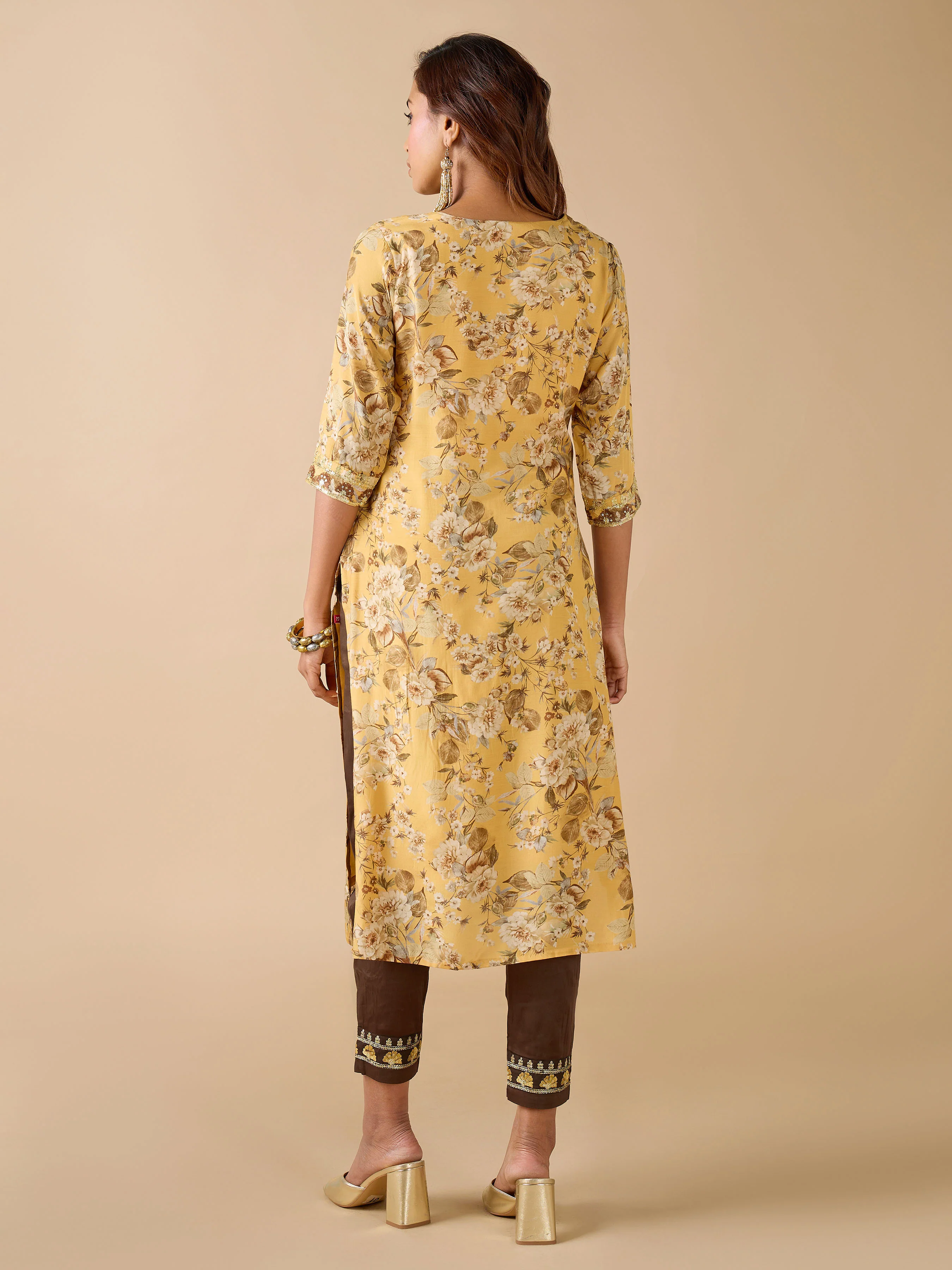 Mustard Yellow Muslin Silk Printed Kurti With Embroidery And Matching Bottom - Image 4